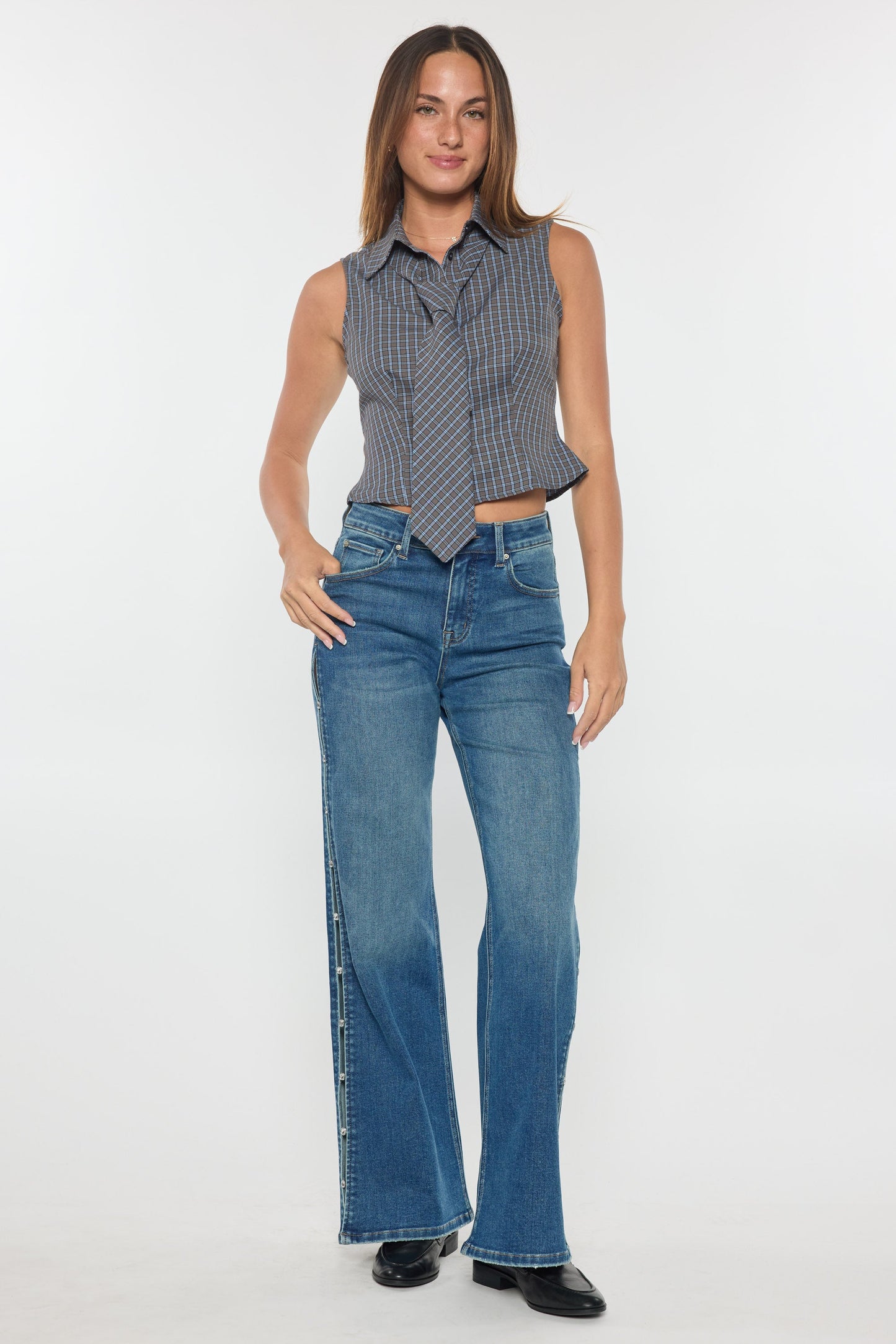 High Rise Wide Leg Jeans with Rhinestone Cutout Detail-3