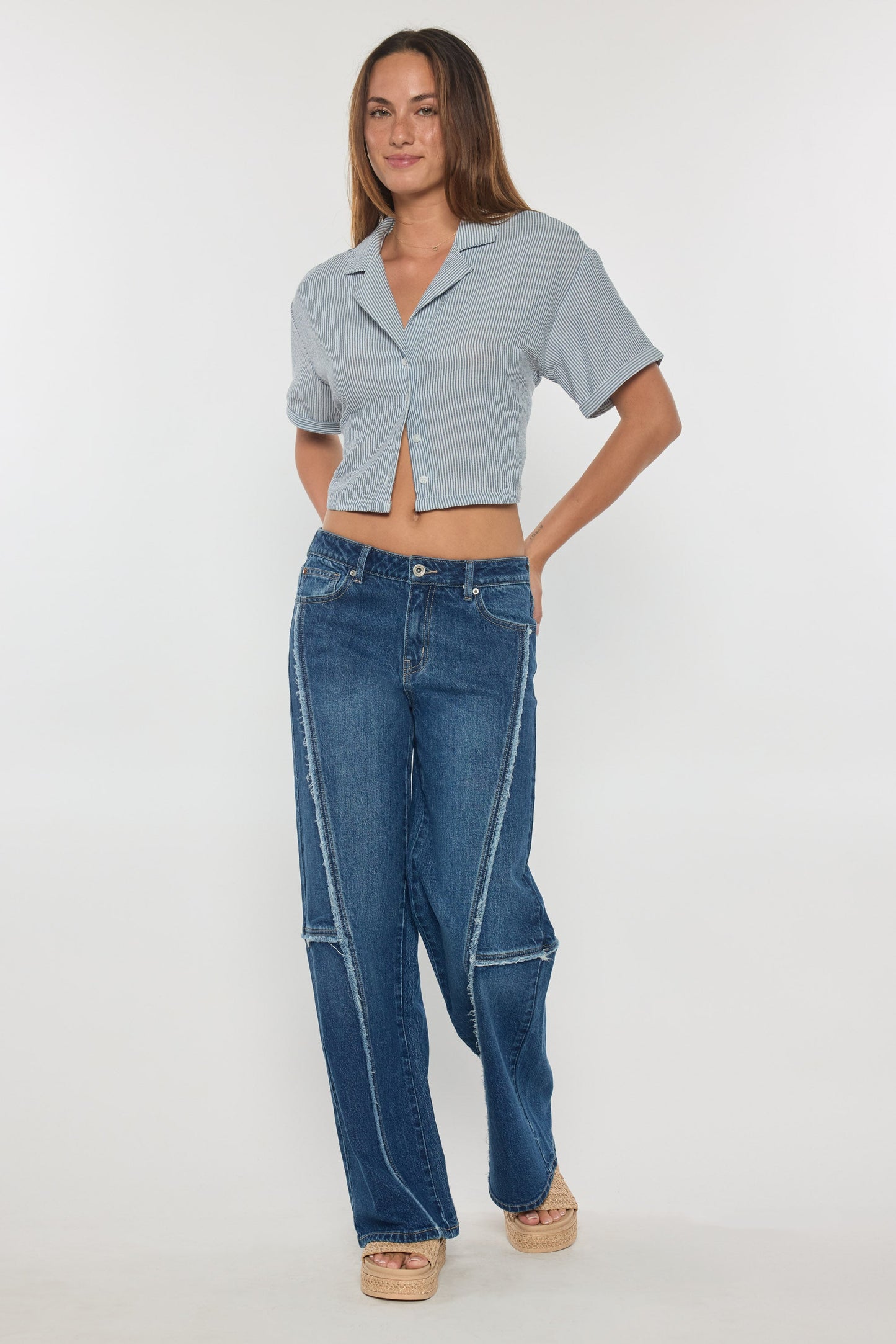 Low Waist Loose Wide Leg Jeans with Fringing Detail-2