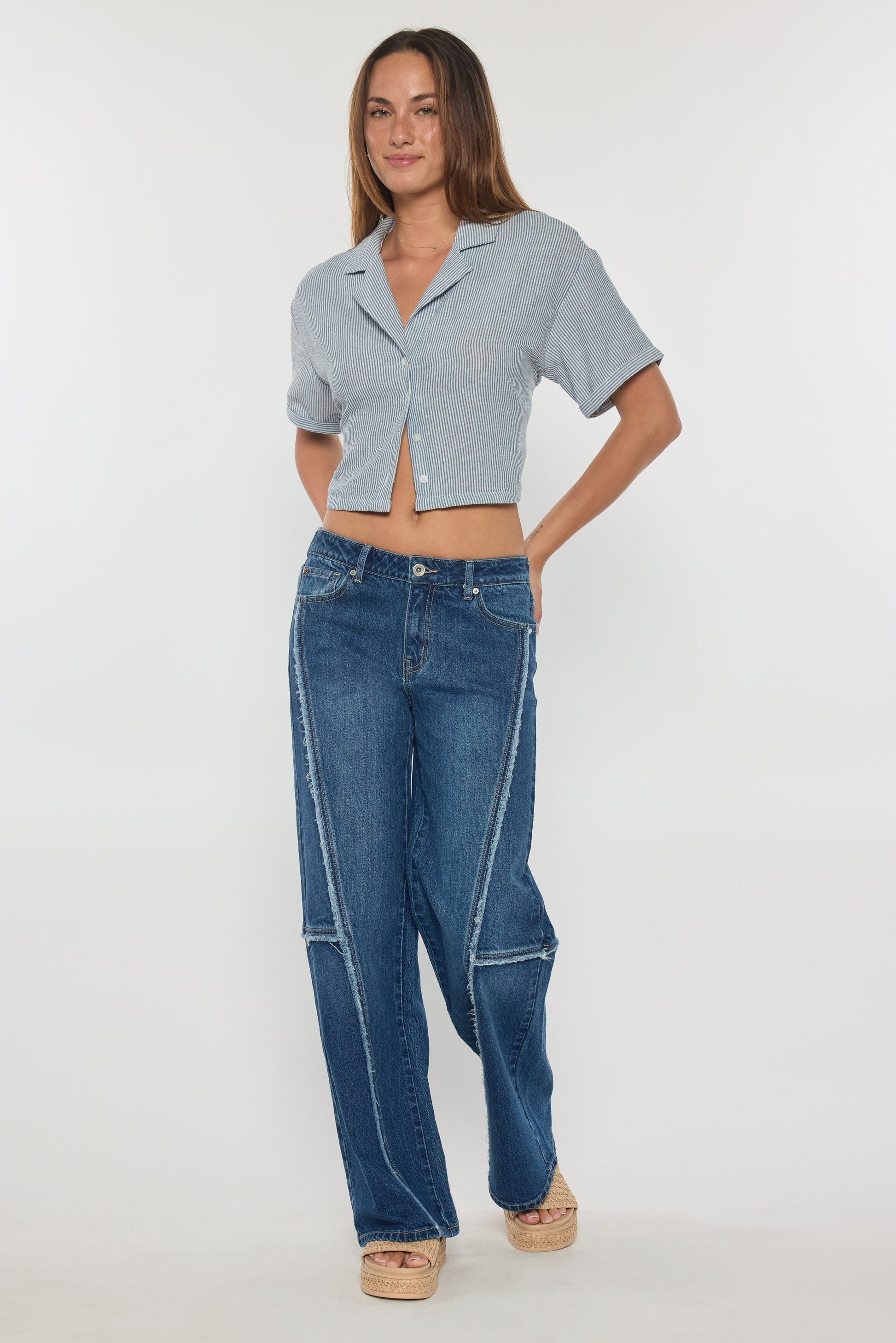 Low Waist Loose Wide Leg Jeans with Fringing Detail-2