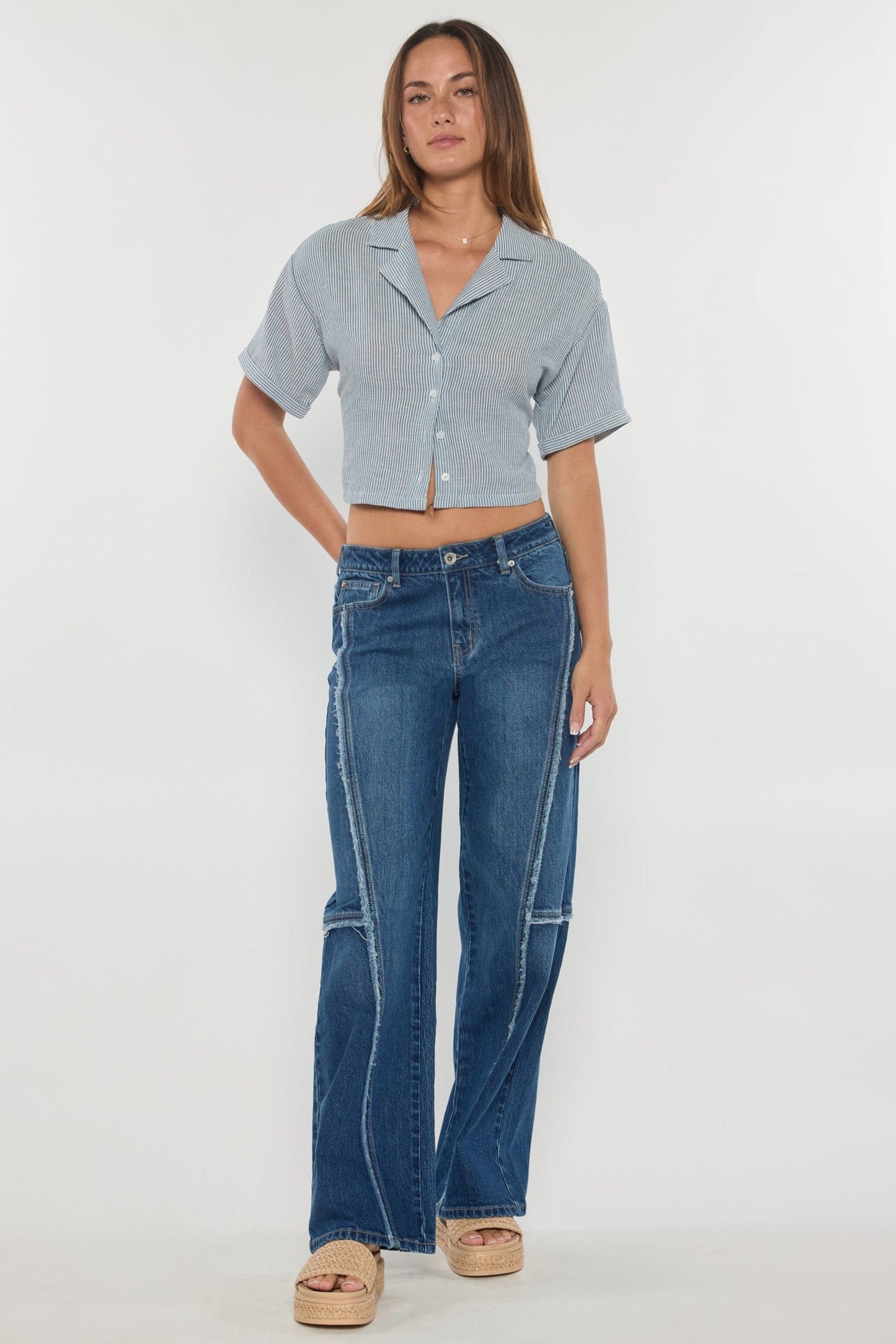 Low Waist Loose Wide Leg Jeans with Fringing Detail-0