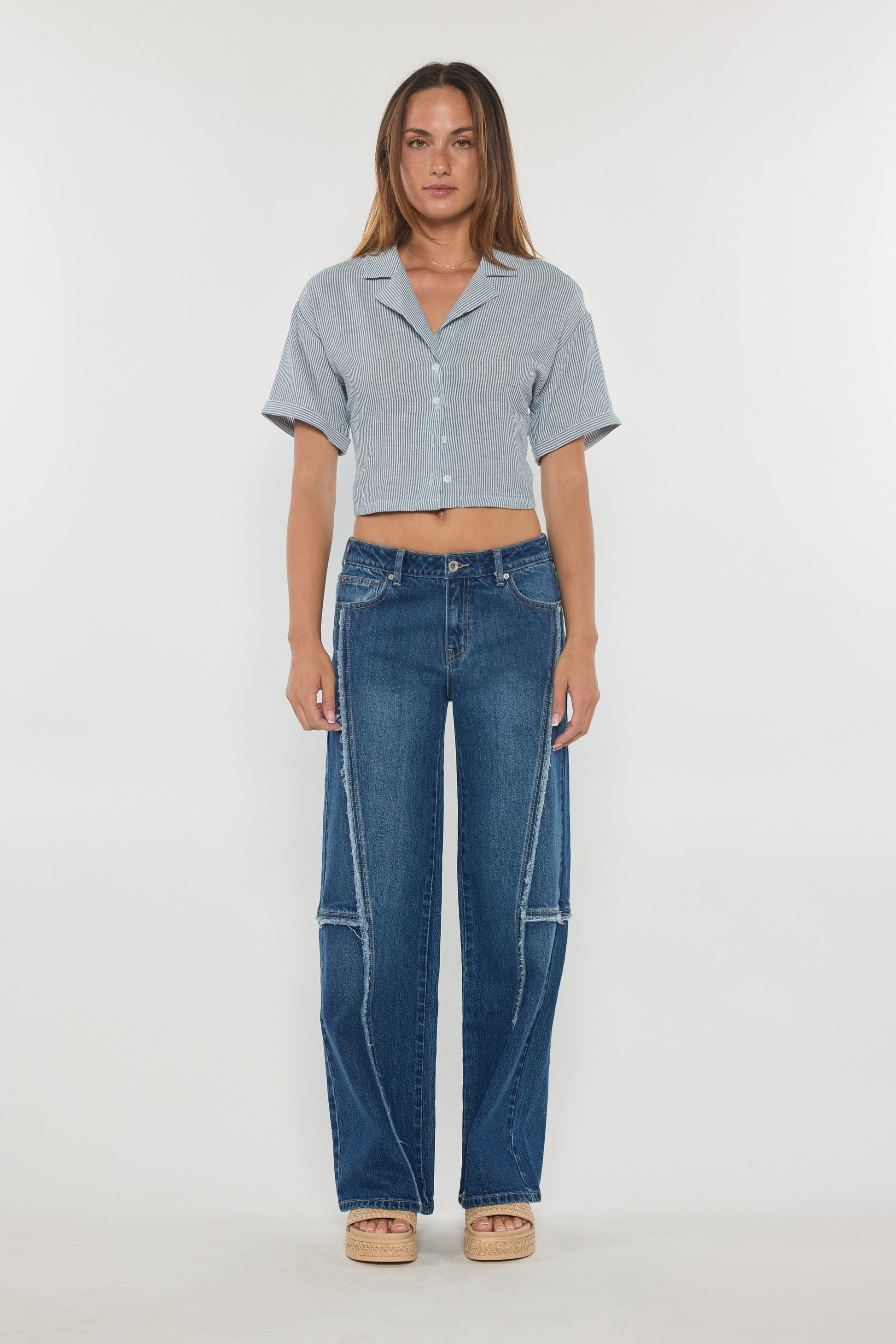 Low Waist Loose Wide Leg Jeans with Fringing Detail-3