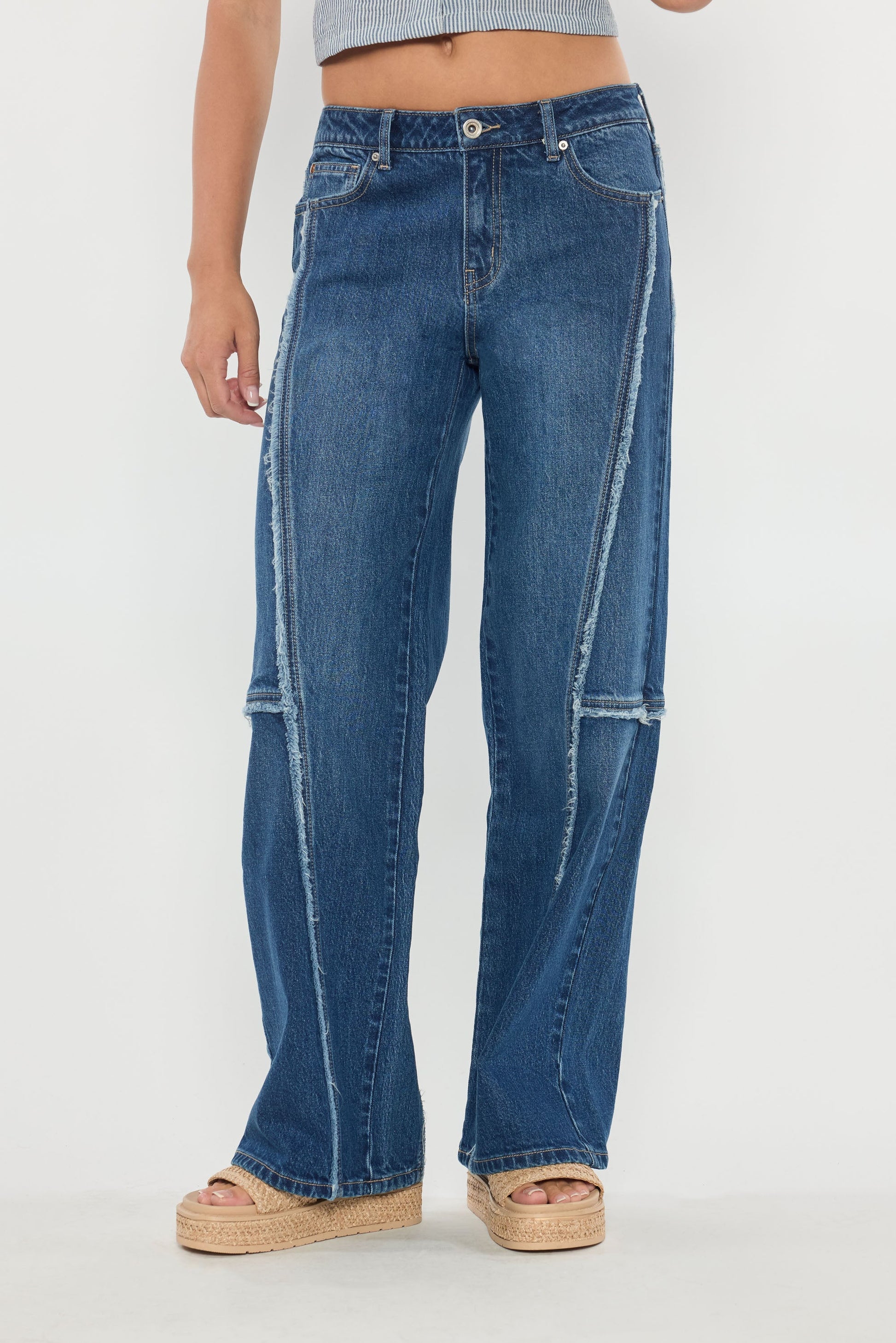 Low Waist Loose Wide Leg Jeans with Fringing Detail-4