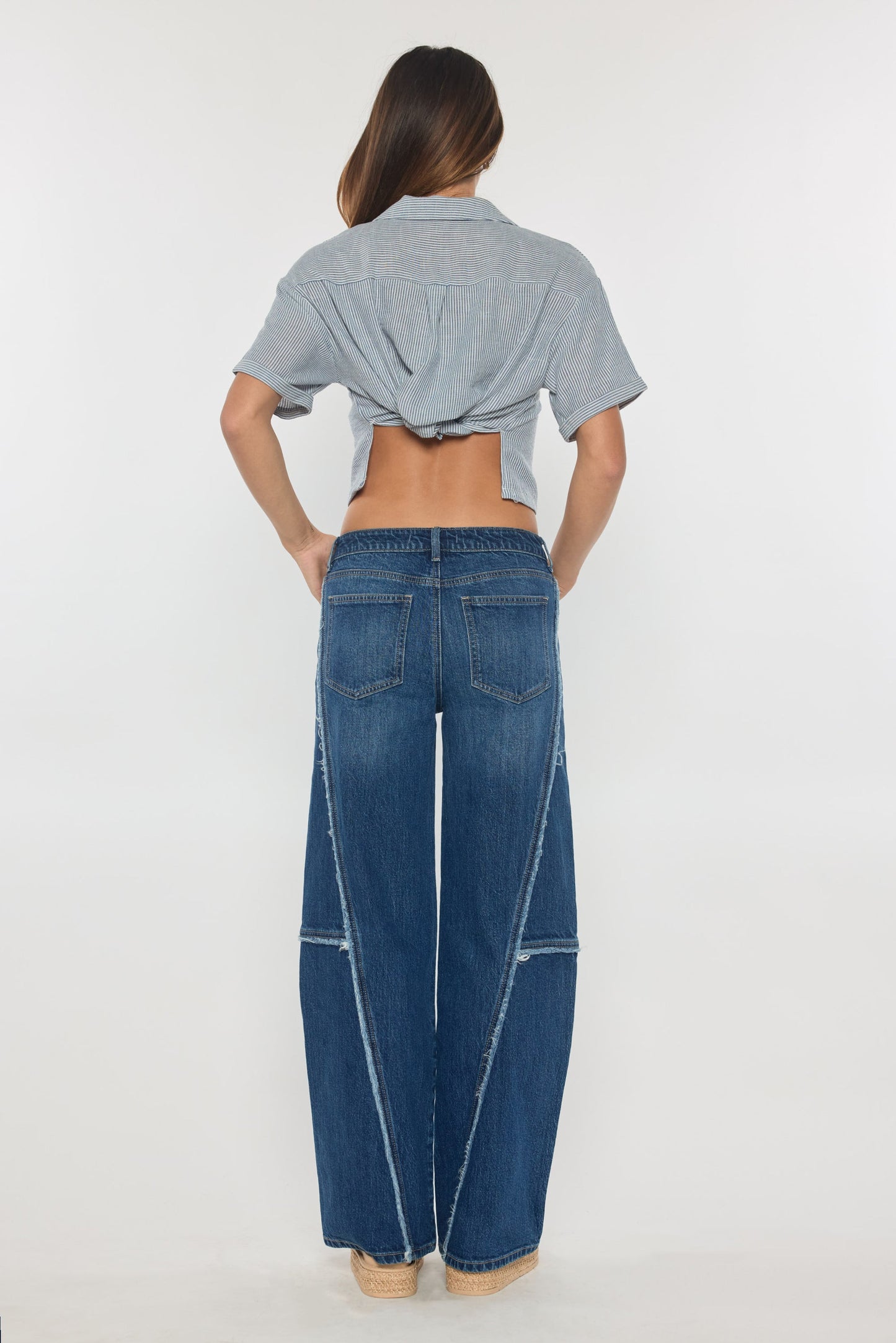 Low Waist Loose Wide Leg Jeans with Fringing Detail-1