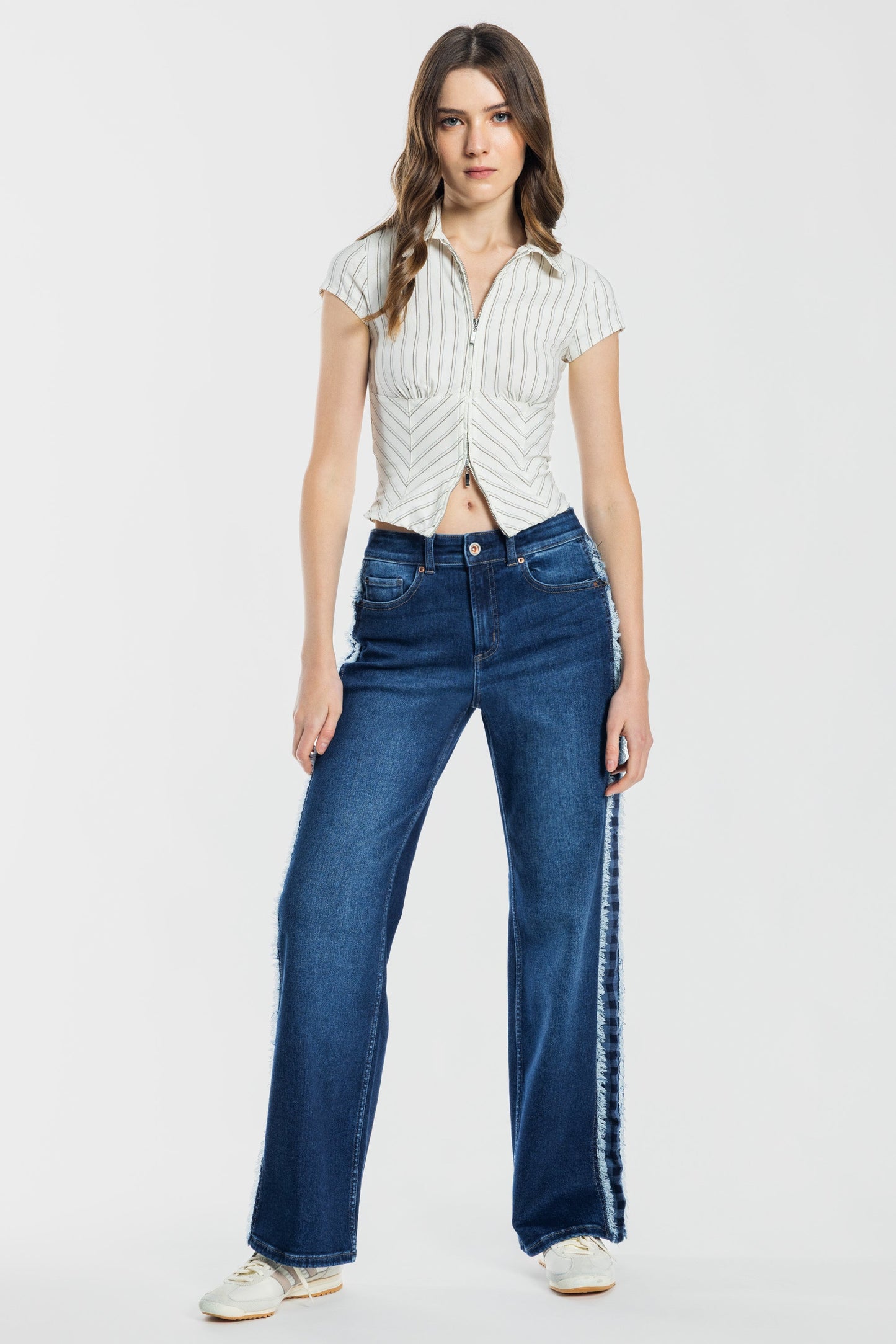 Mid Waist Relaxed Wide Leg Jeans with Side Checker Detail-0