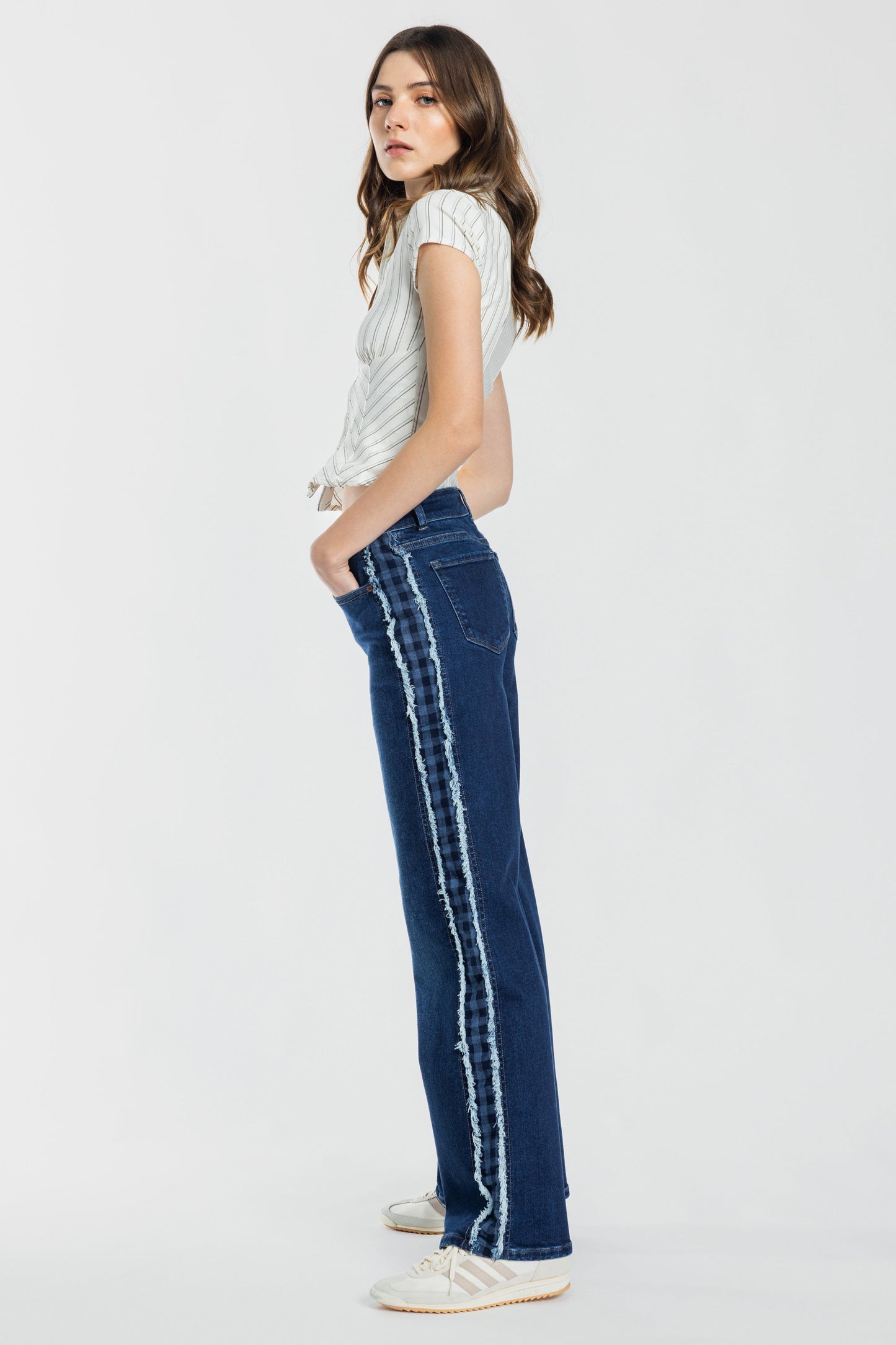 Mid Waist Relaxed Wide Leg Jeans with Side Checker Detail-4