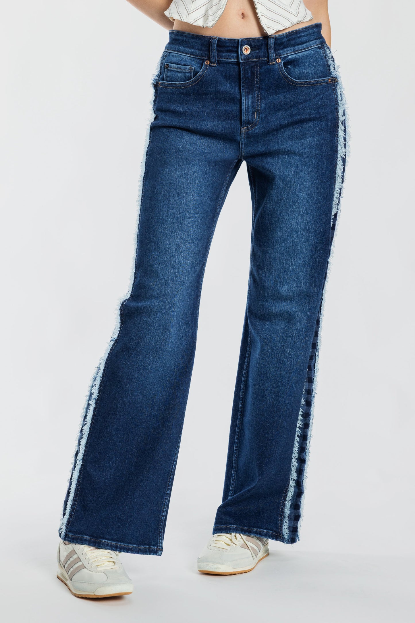 Mid Waist Relaxed Wide Leg Jeans with Side Checker Detail-1