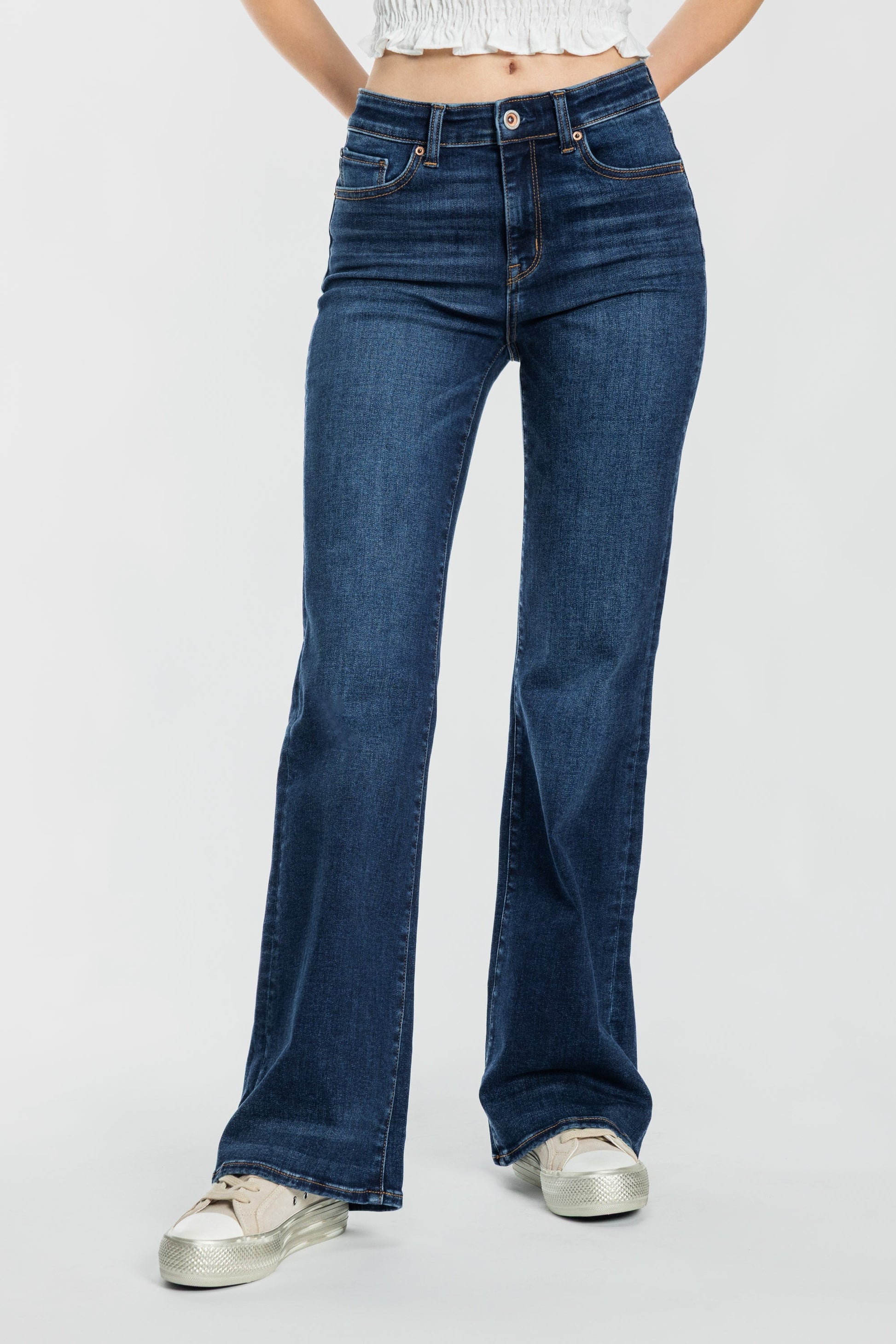 High Rise Slim Wide Leg Jeans with 3D Resin Whisker-1