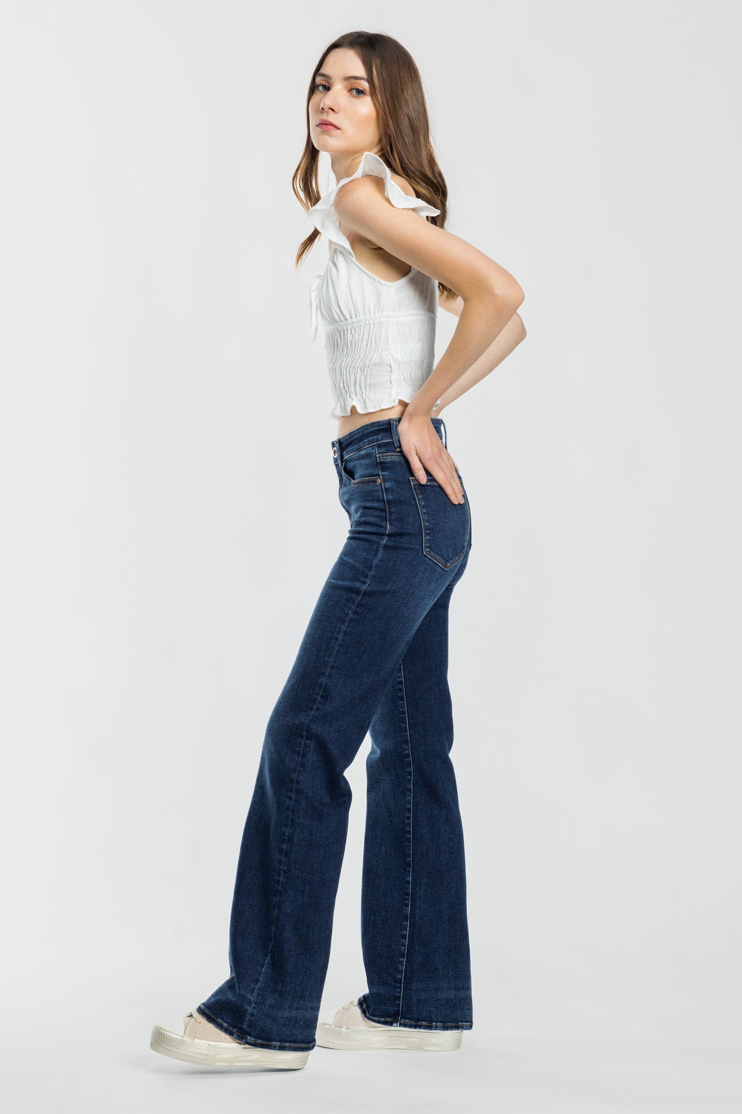 High Rise Slim Wide Leg Jeans with 3D Resin Whisker-2