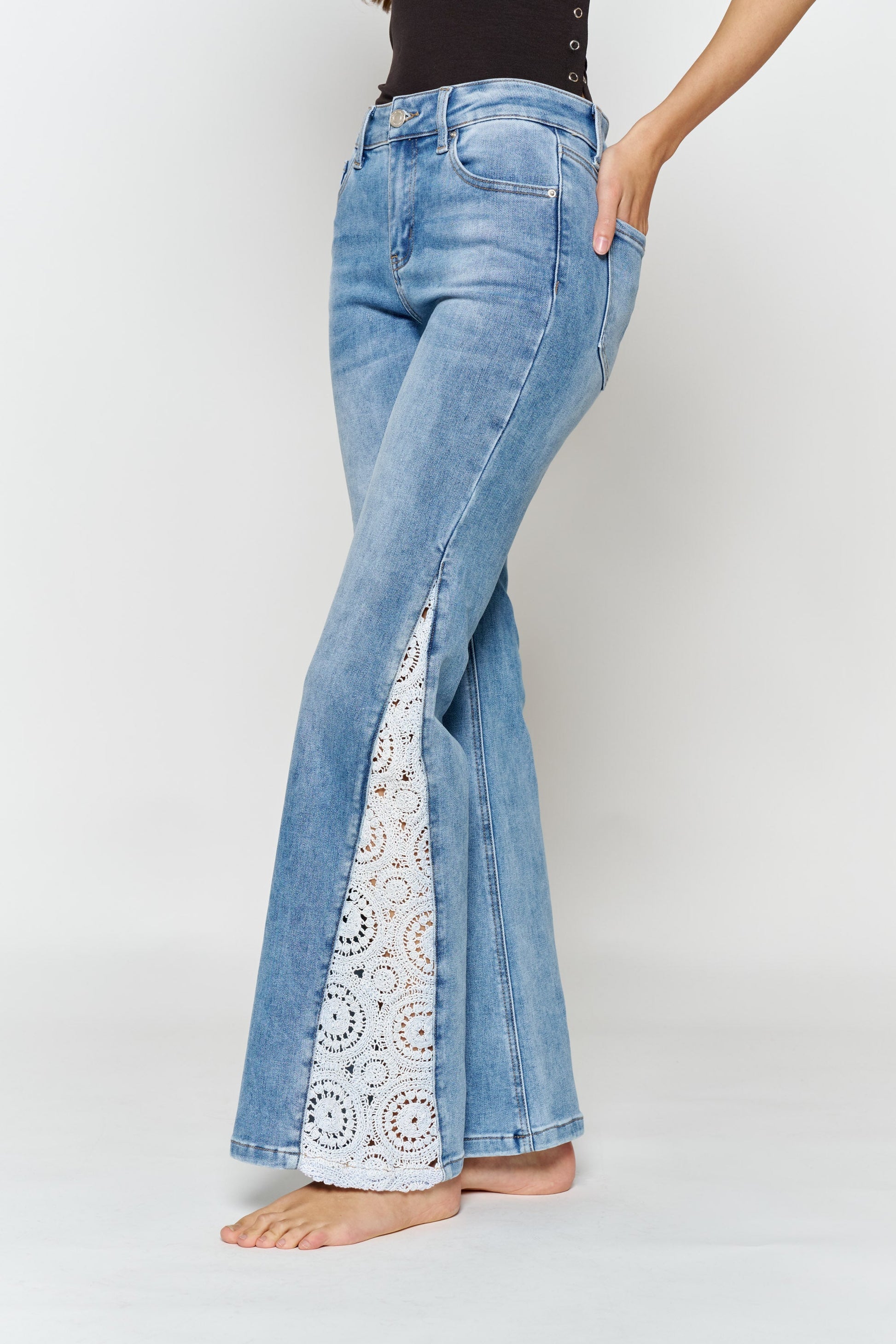 High Rise Wide Leg Jeans with Side Lace Crochet Detail-1
