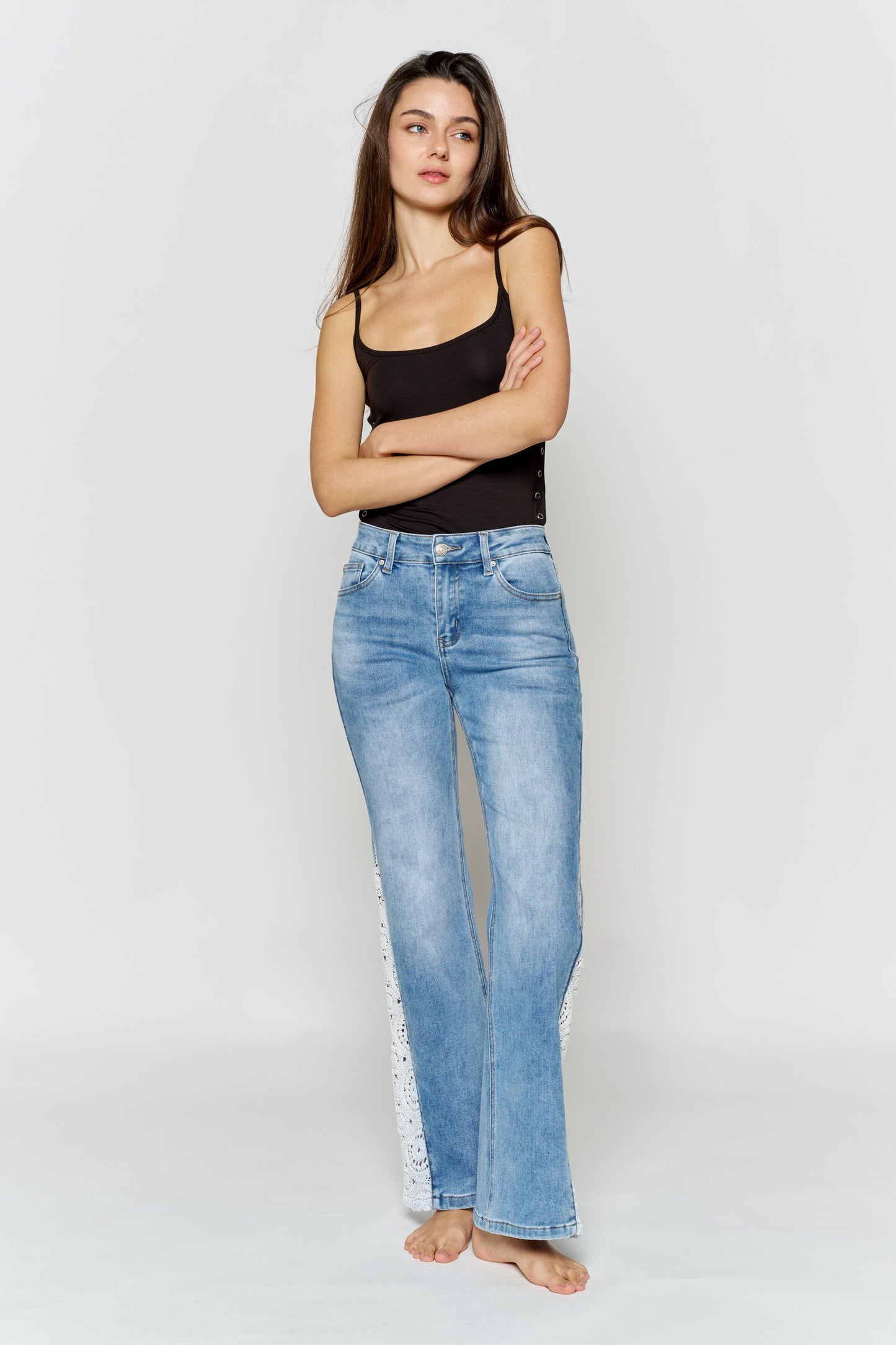 High Rise Wide Leg Jeans with Side Lace Crochet Detail-2