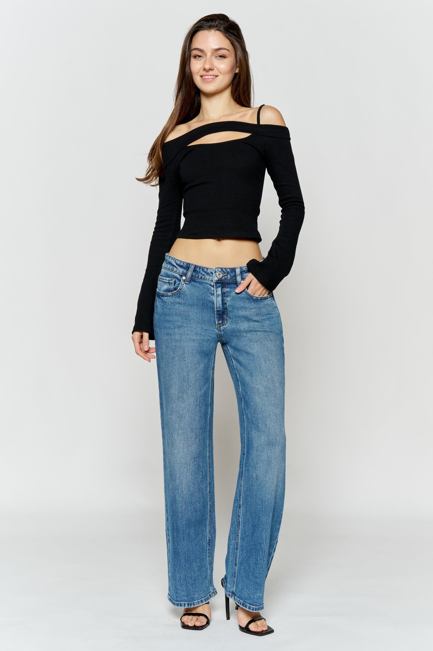 Mid Waist Relaxed Wide Leg Jeans-0