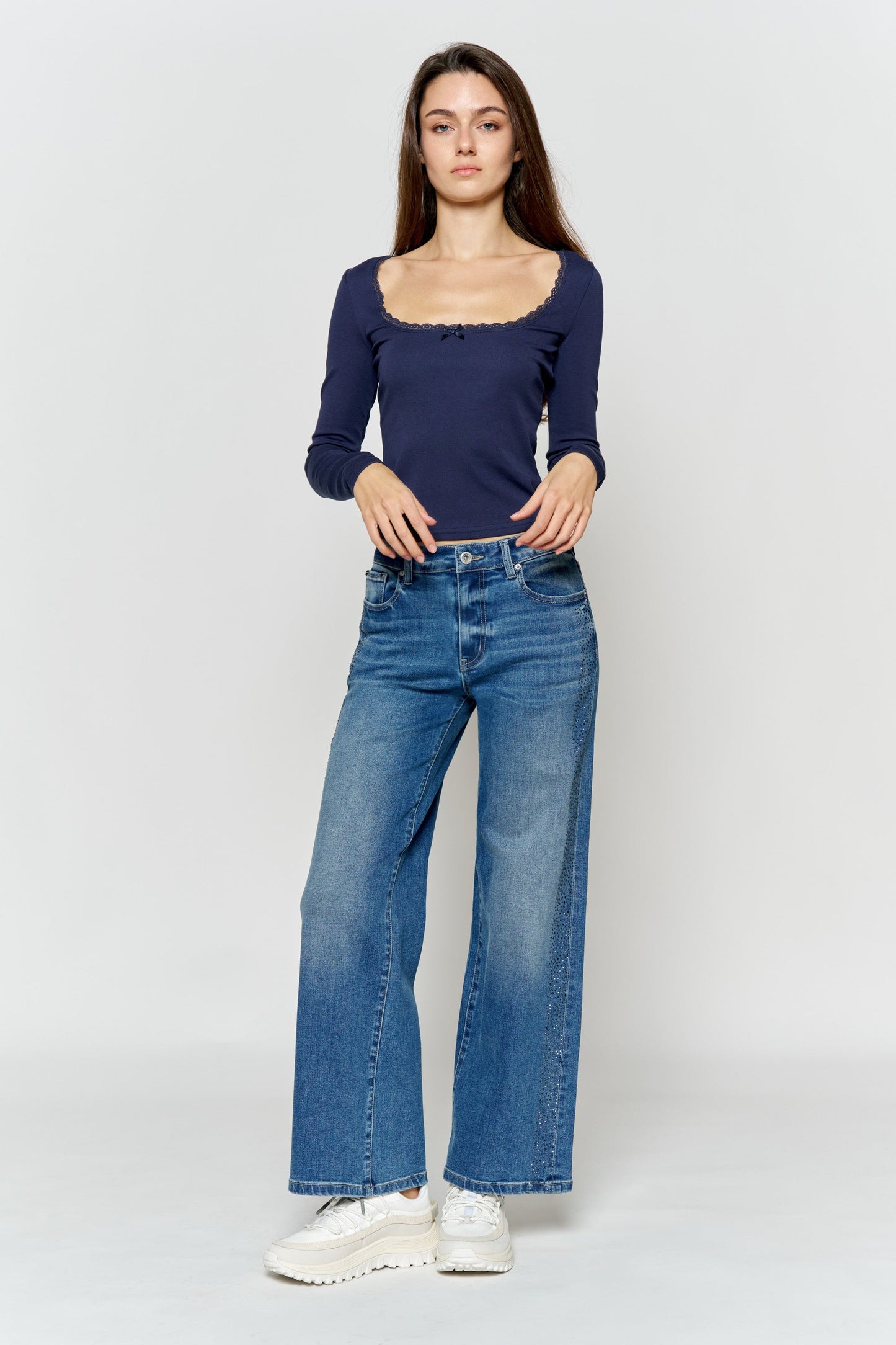 High Rise Ankle Wide Leg Jeans with Rhinestone Embellishments Along Side-0