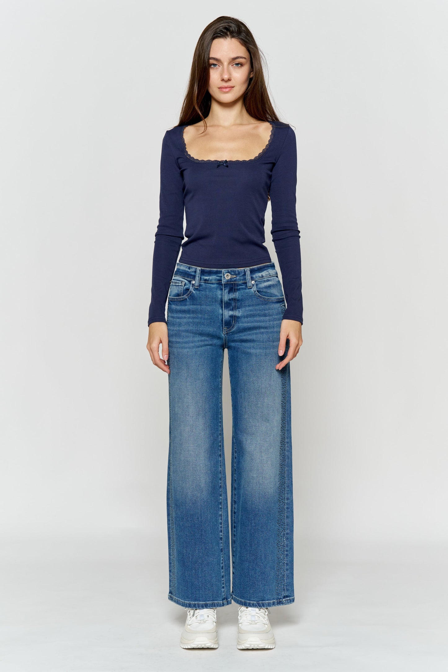 High Rise Ankle Wide Leg Jeans with Rhinestone Embellishments Along Side-4