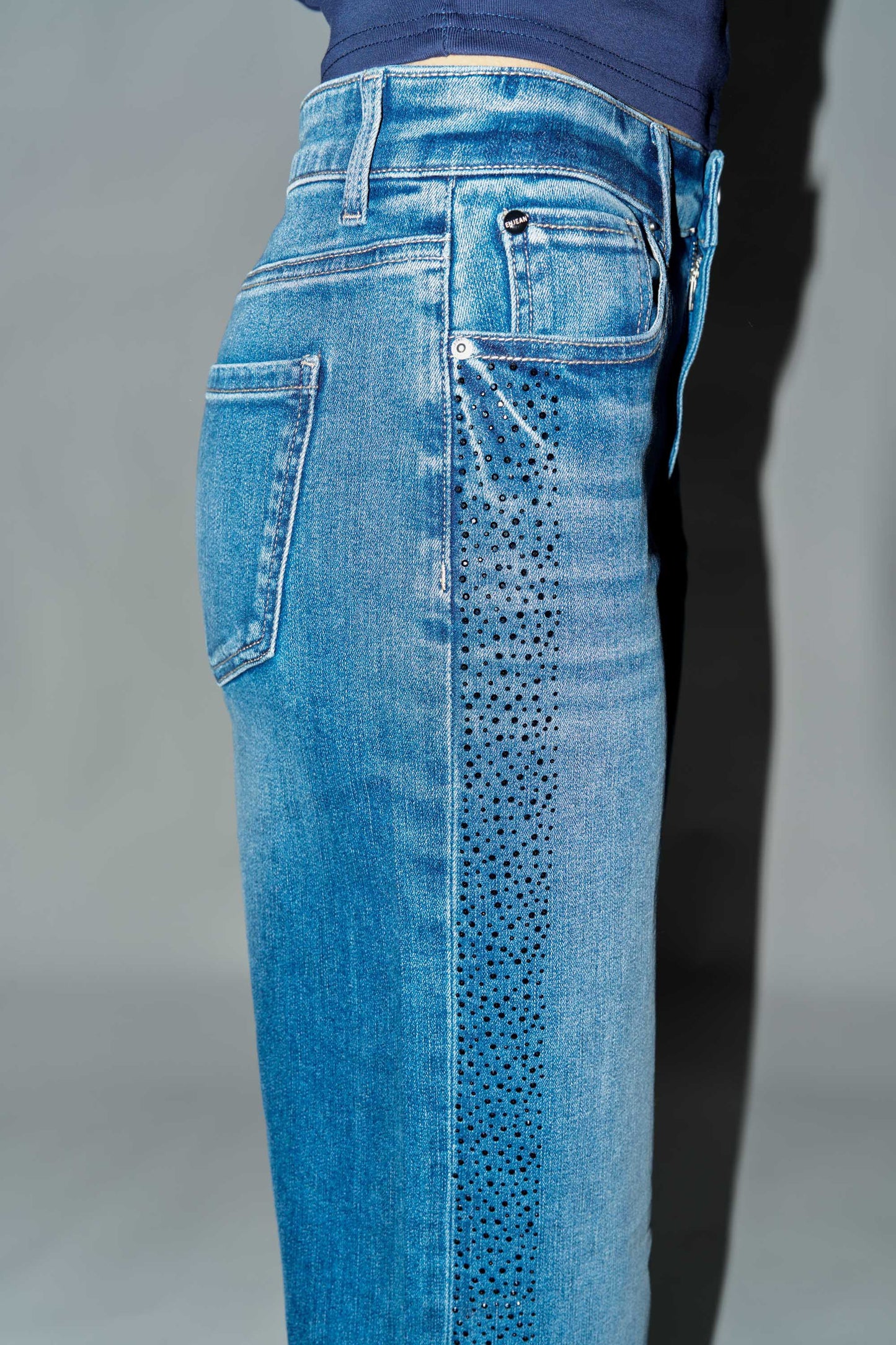 High Rise Ankle Wide Leg Jeans with Rhinestone Embellishments Along Side-1