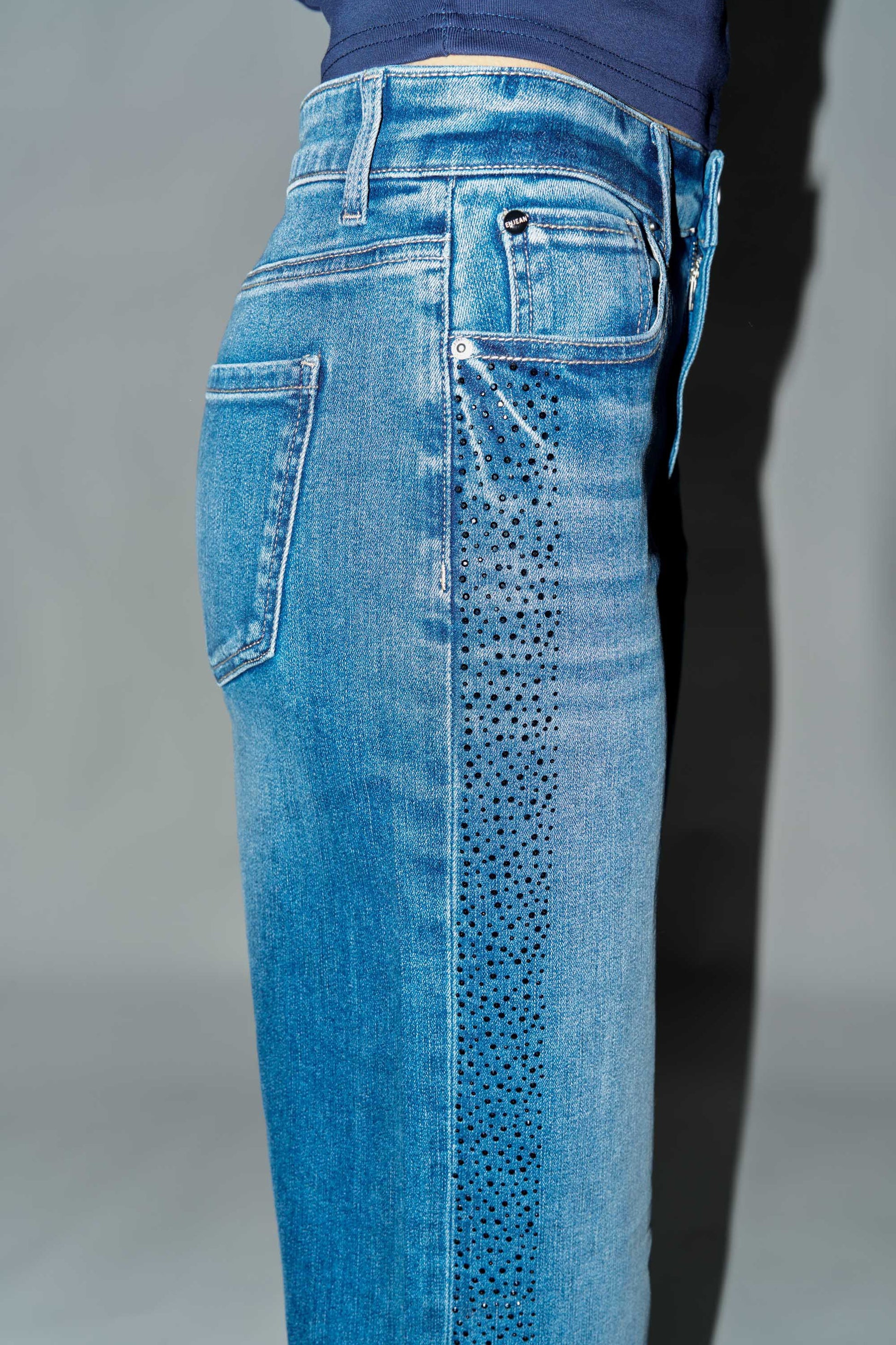 High Rise Ankle Wide Leg Jeans with Rhinestone Embellishments Along Side-1