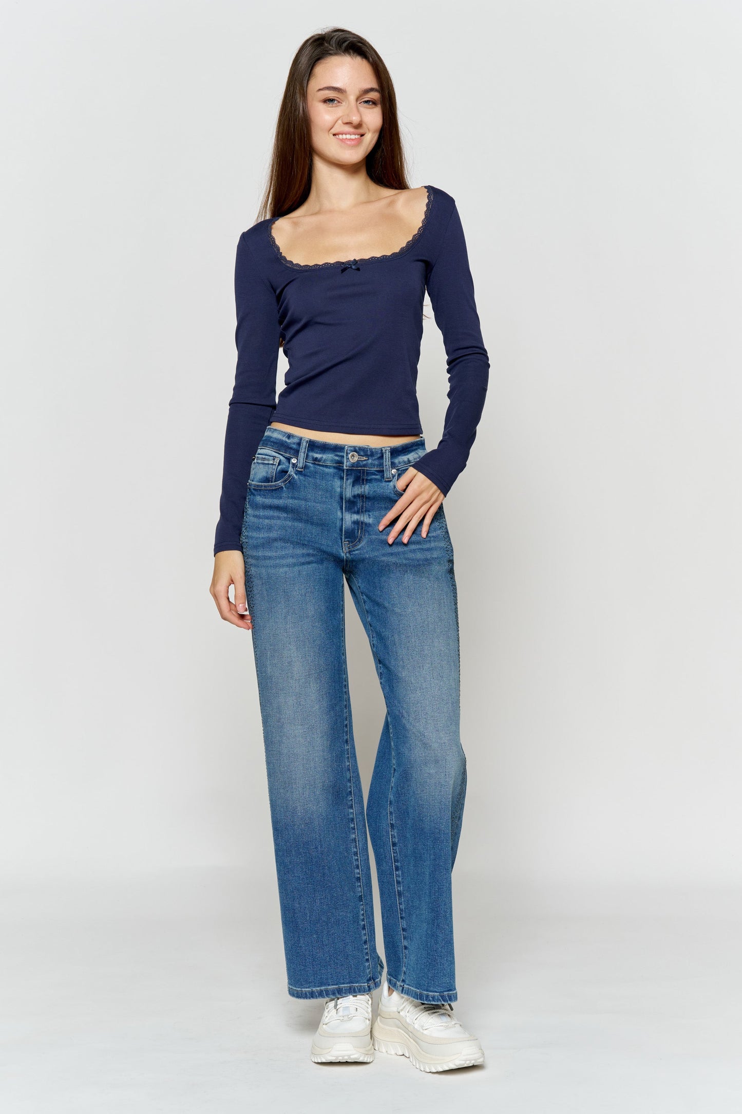 High Rise Ankle Wide Leg Jeans with Rhinestone Embellishments Along Side-2
