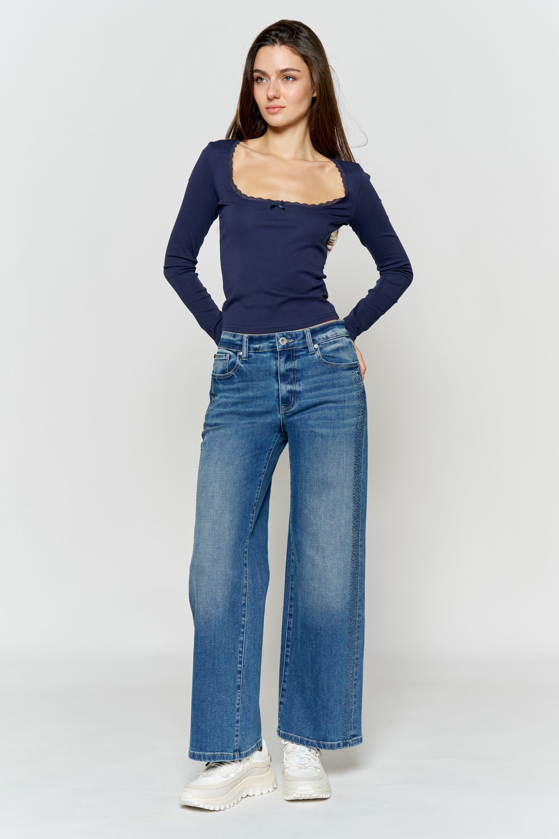 High Rise Ankle Wide Leg Jeans with Rhinestone Embellishments Along Side-3