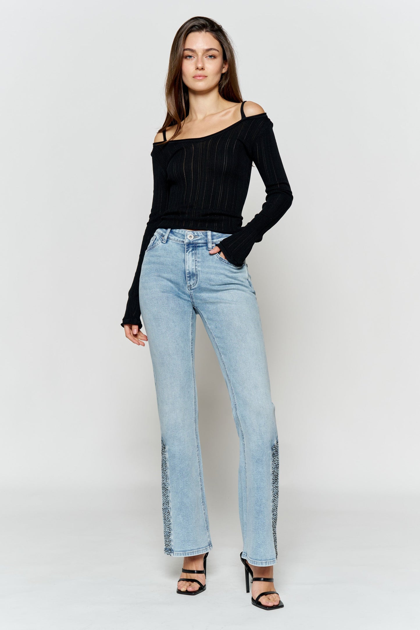 High Rise Slim Wide-Leg Jeans with Side Slit Rhinestone Detail-0