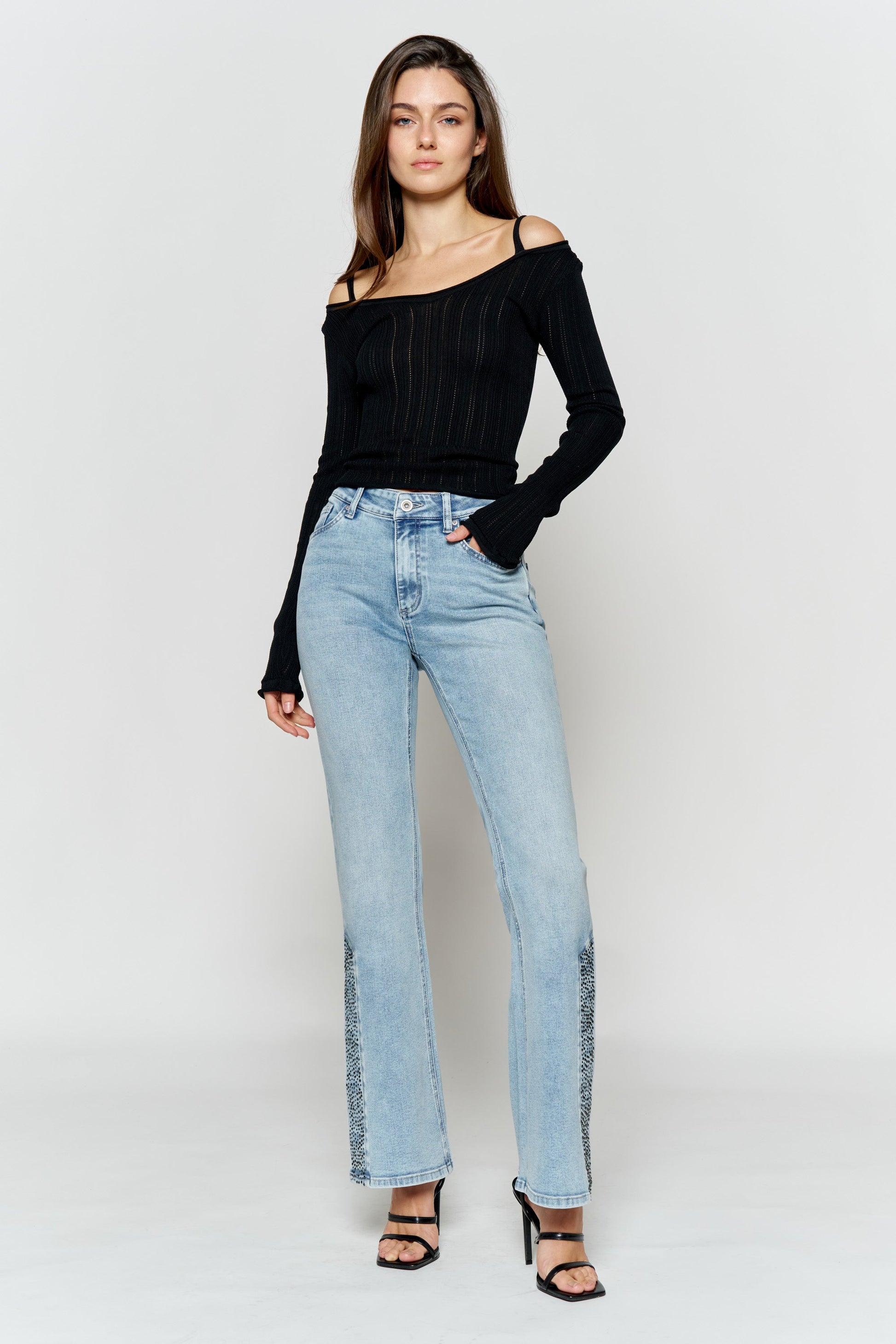 High Rise Slim Wide-Leg Jeans with Side Slit Rhinestone Detail-0