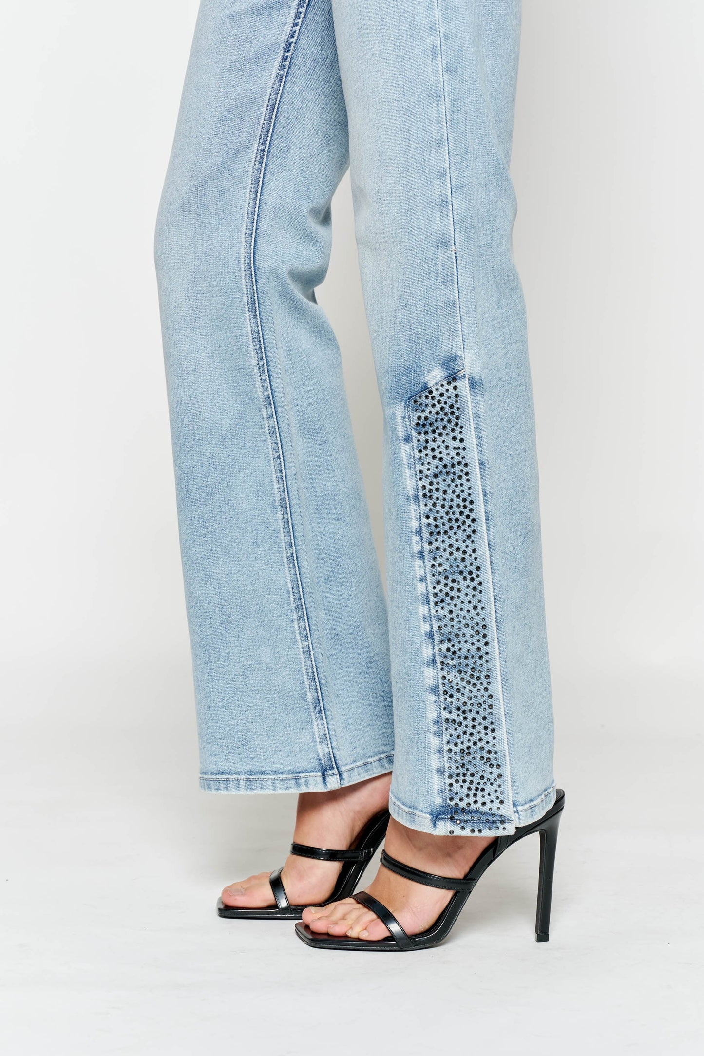 High Rise Slim Wide-Leg Jeans with Side Slit Rhinestone Detail-1