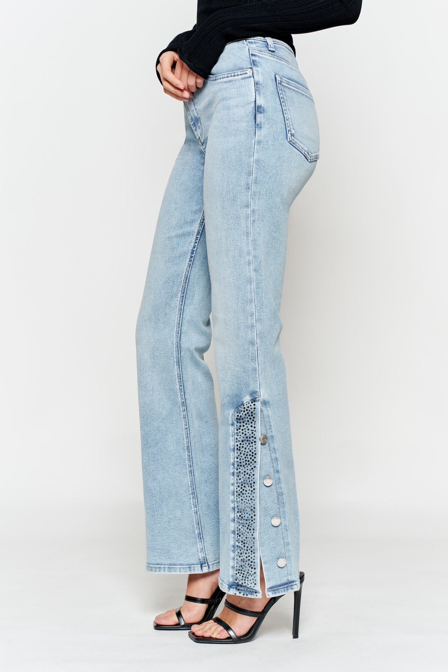 High Rise Slim Wide-Leg Jeans with Side Slit Rhinestone Detail-3