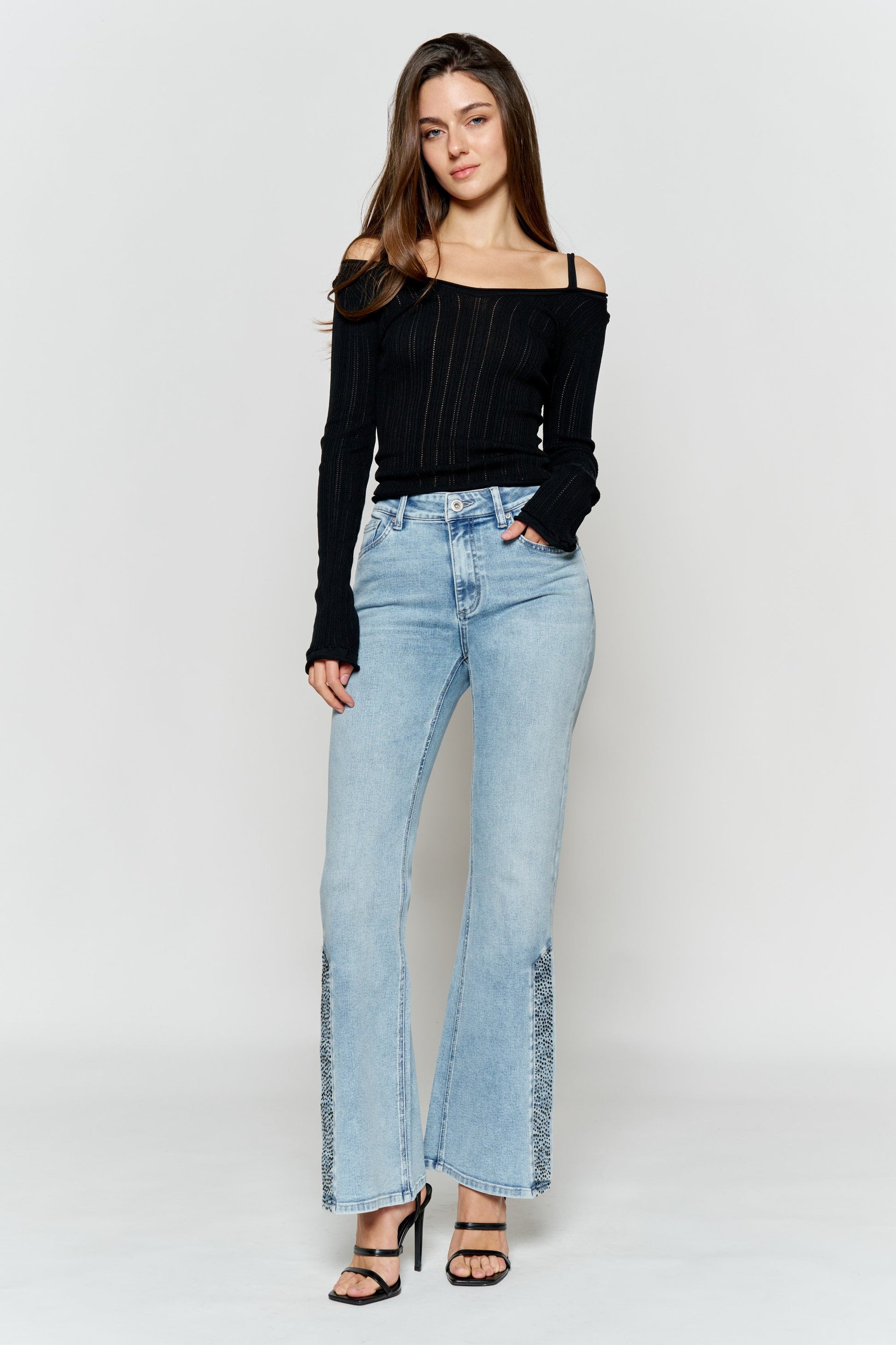 High Rise Slim Wide-Leg Jeans with Side Slit Rhinestone Detail-2