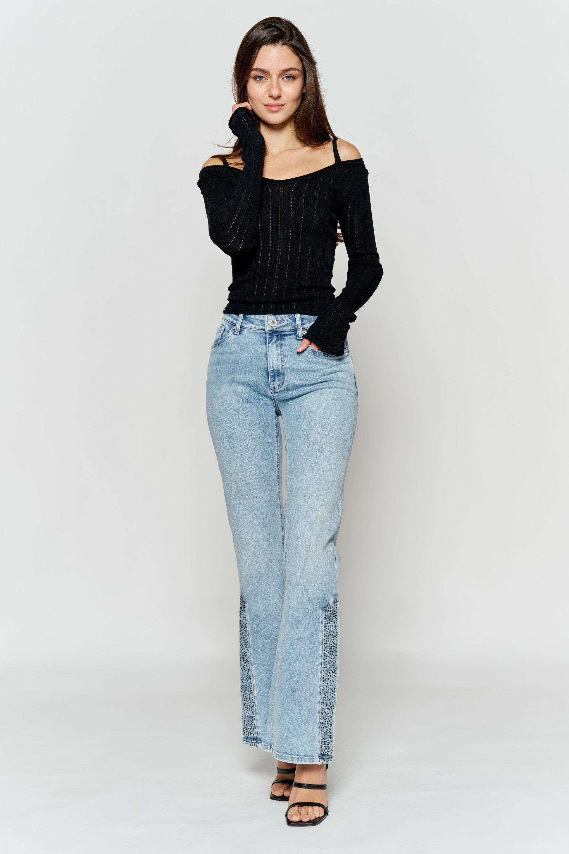 High Rise Slim Wide-Leg Jeans with Side Slit Rhinestone Detail-4