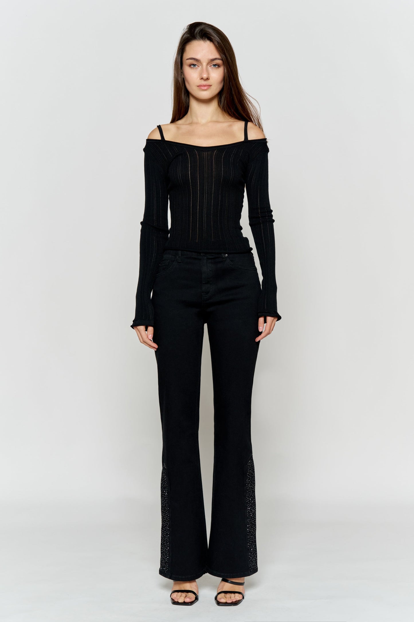 High Rise Slim Wide-Leg Jeans with Side Slit Rhinestone Detail-0