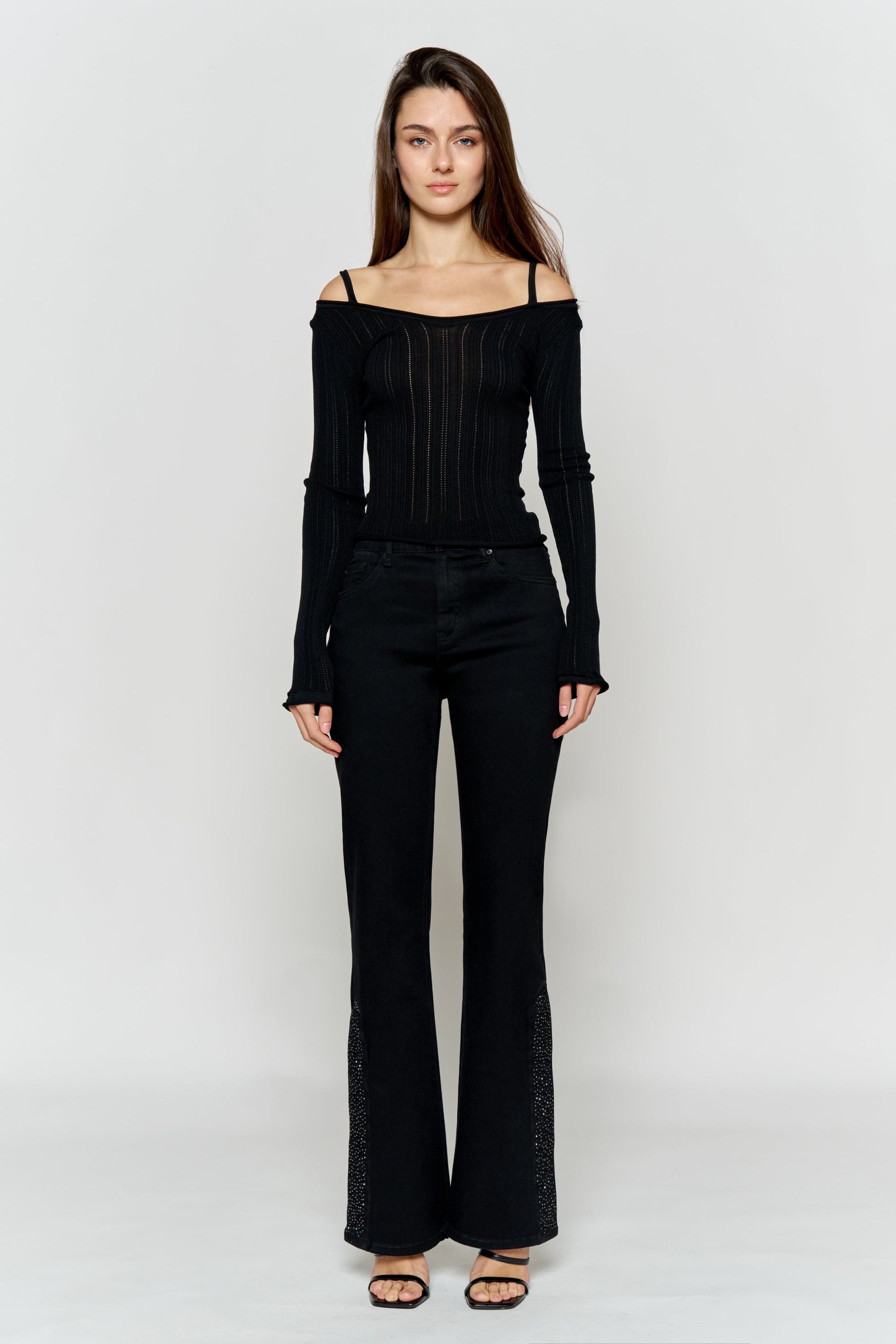 High Rise Slim Wide-Leg Jeans with Side Slit Rhinestone Detail-0