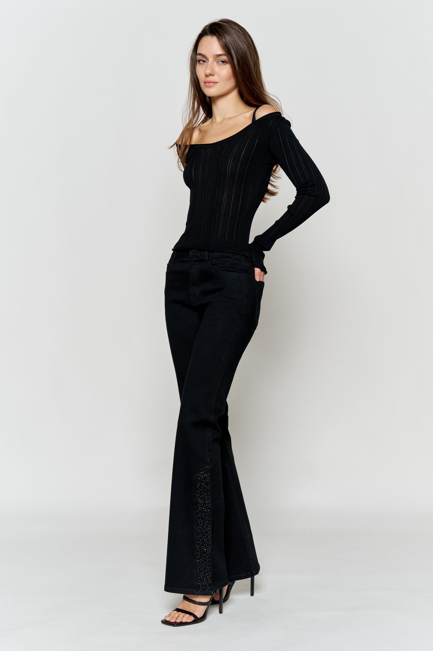 High Rise Slim Wide-Leg Jeans with Side Slit Rhinestone Detail-3