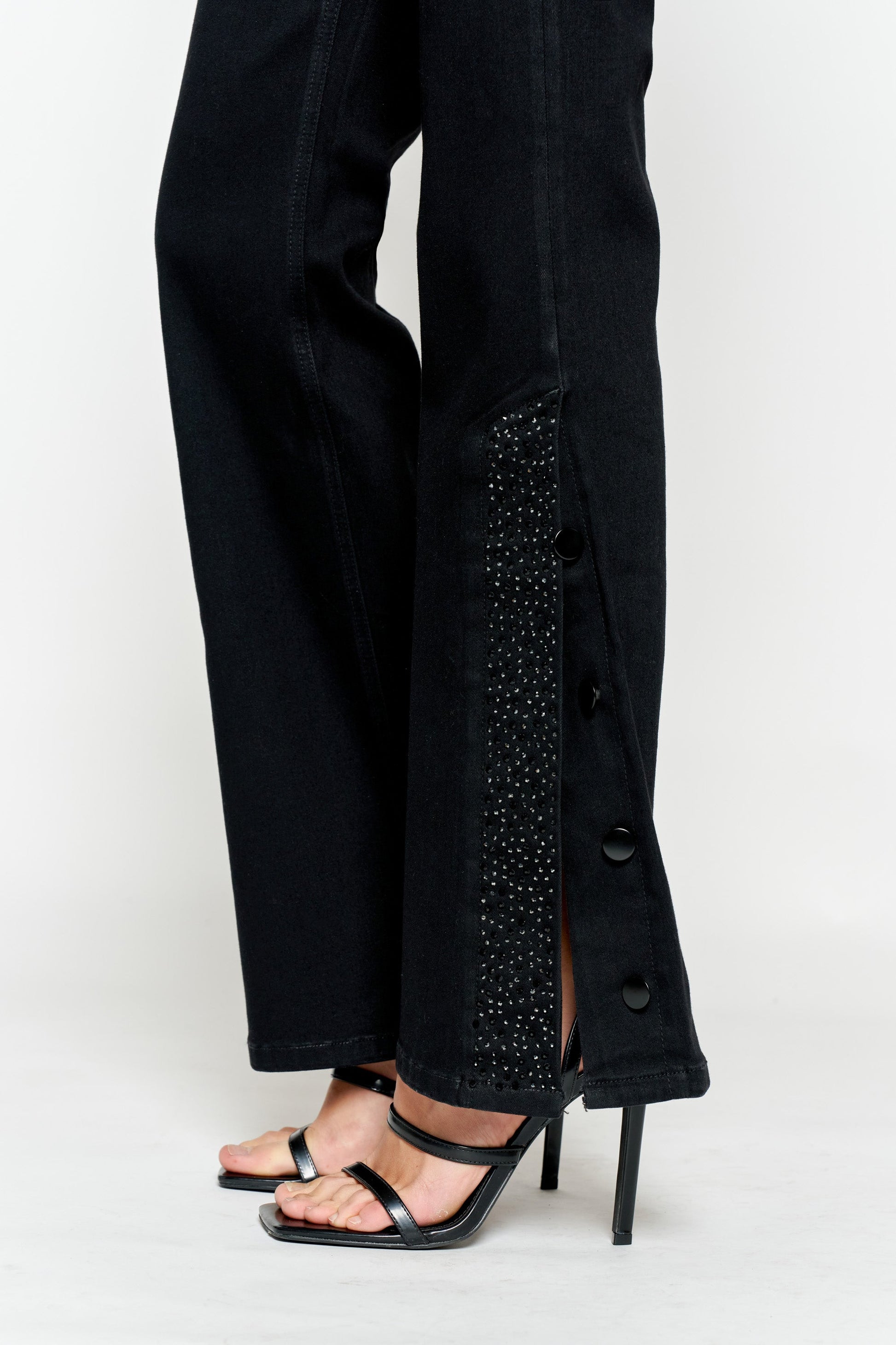 High Rise Slim Wide-Leg Jeans with Side Slit Rhinestone Detail-1