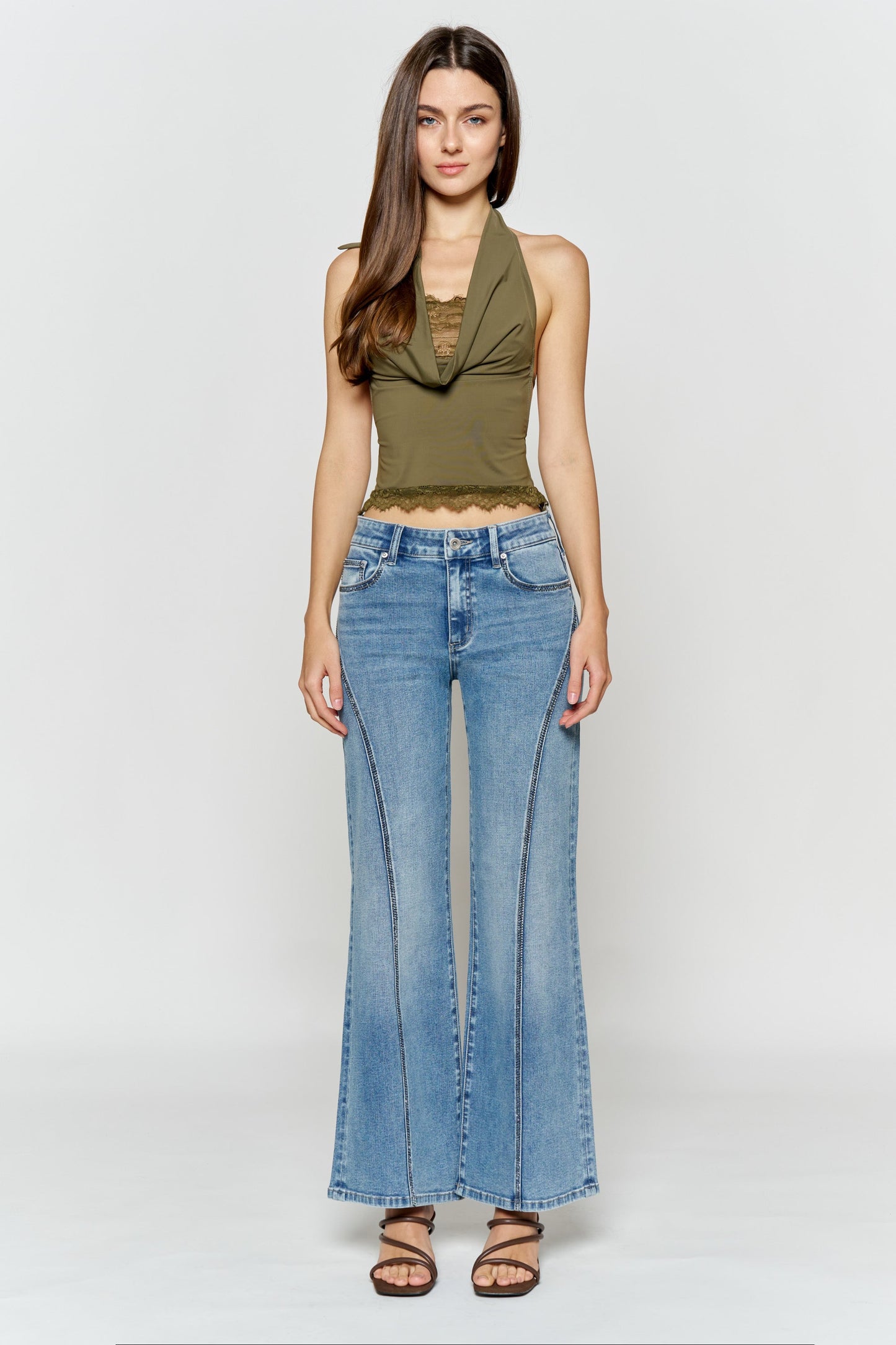 High Rise Wide Leg Jeans with Curved Seam and Rhinestone Details-0