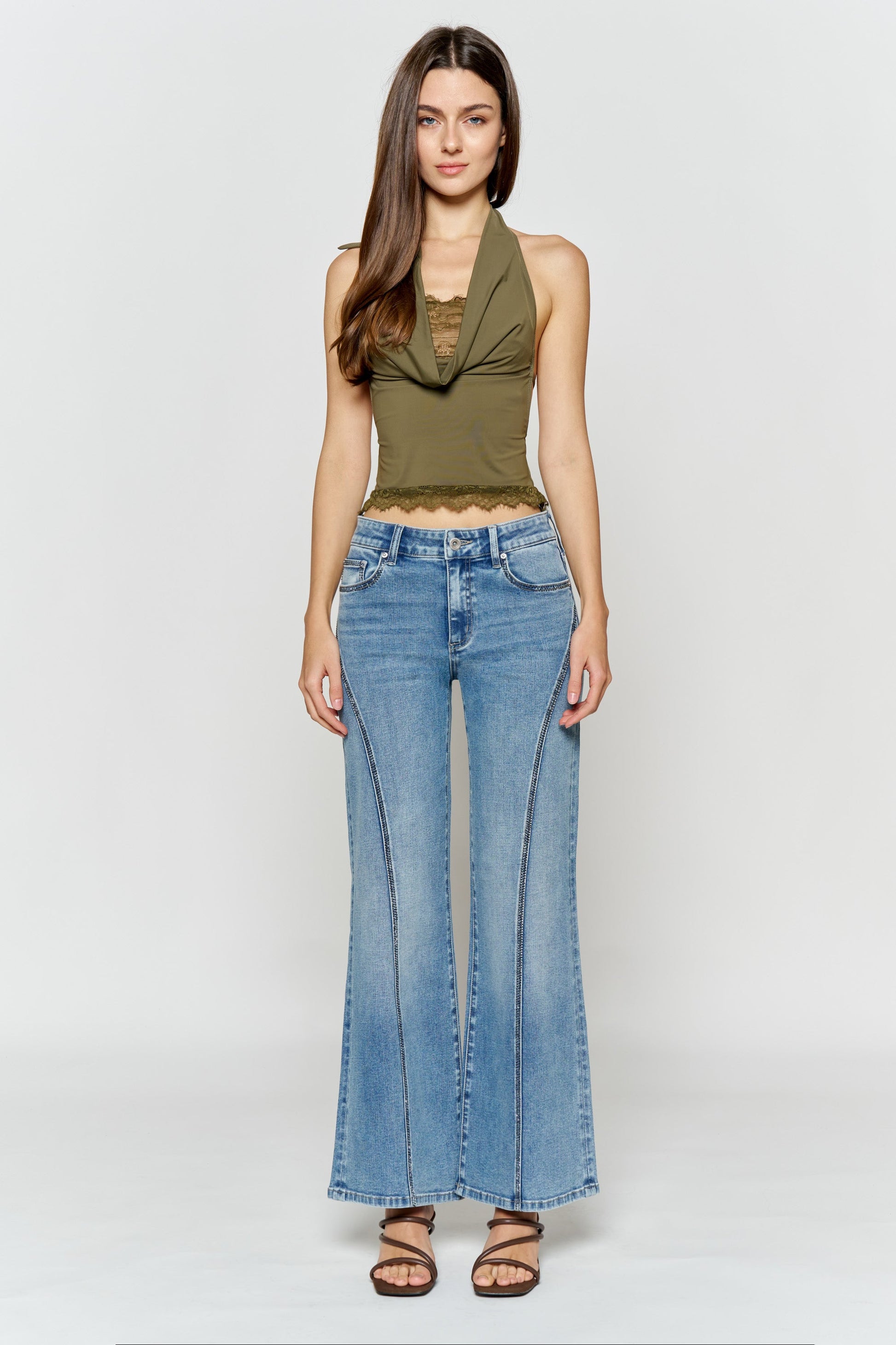 High Rise Wide Leg Jeans with Curved Seam and Rhinestone Details-0