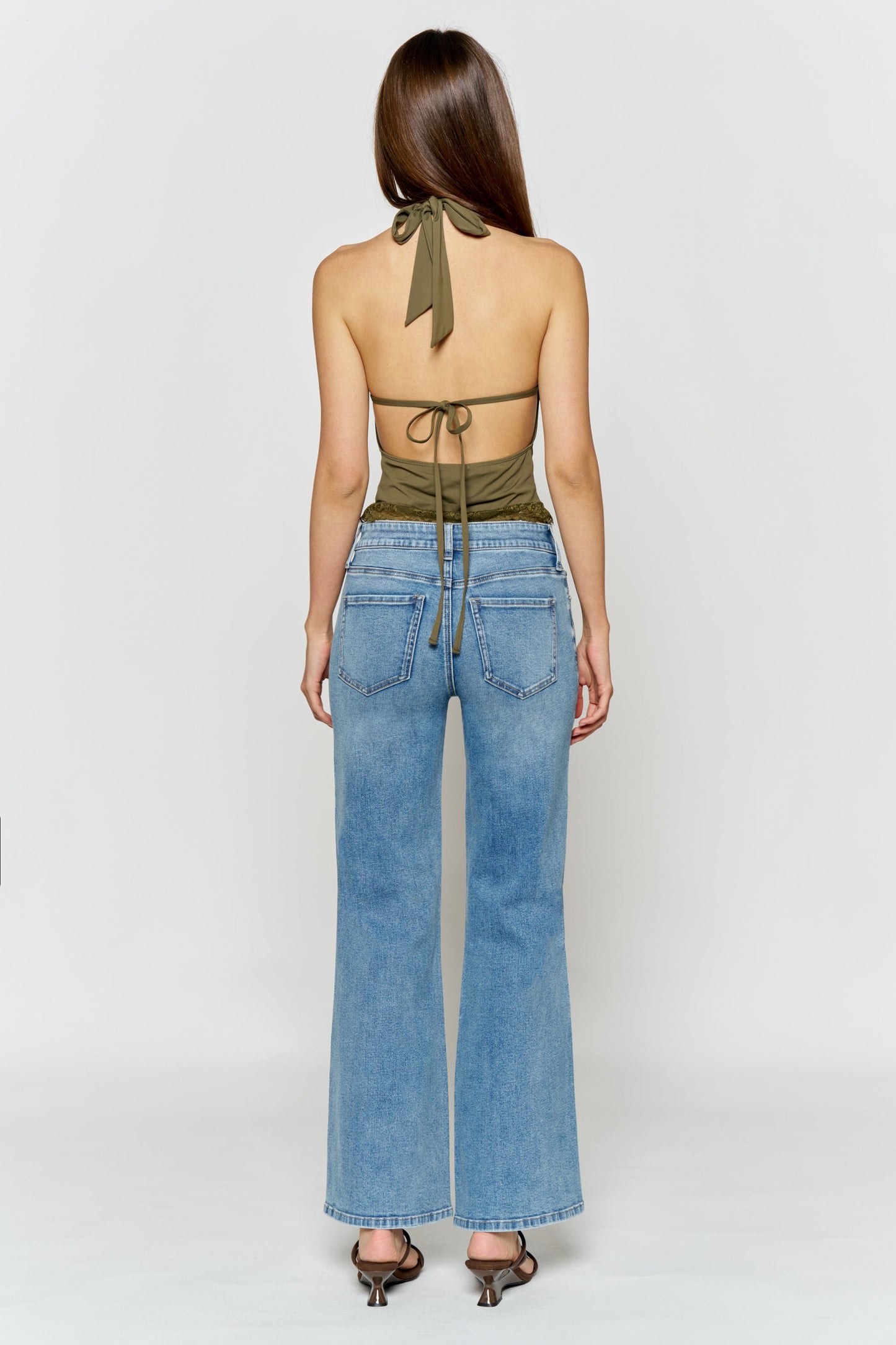 High Rise Wide Leg Jeans with Curved Seam and Rhinestone Details-3