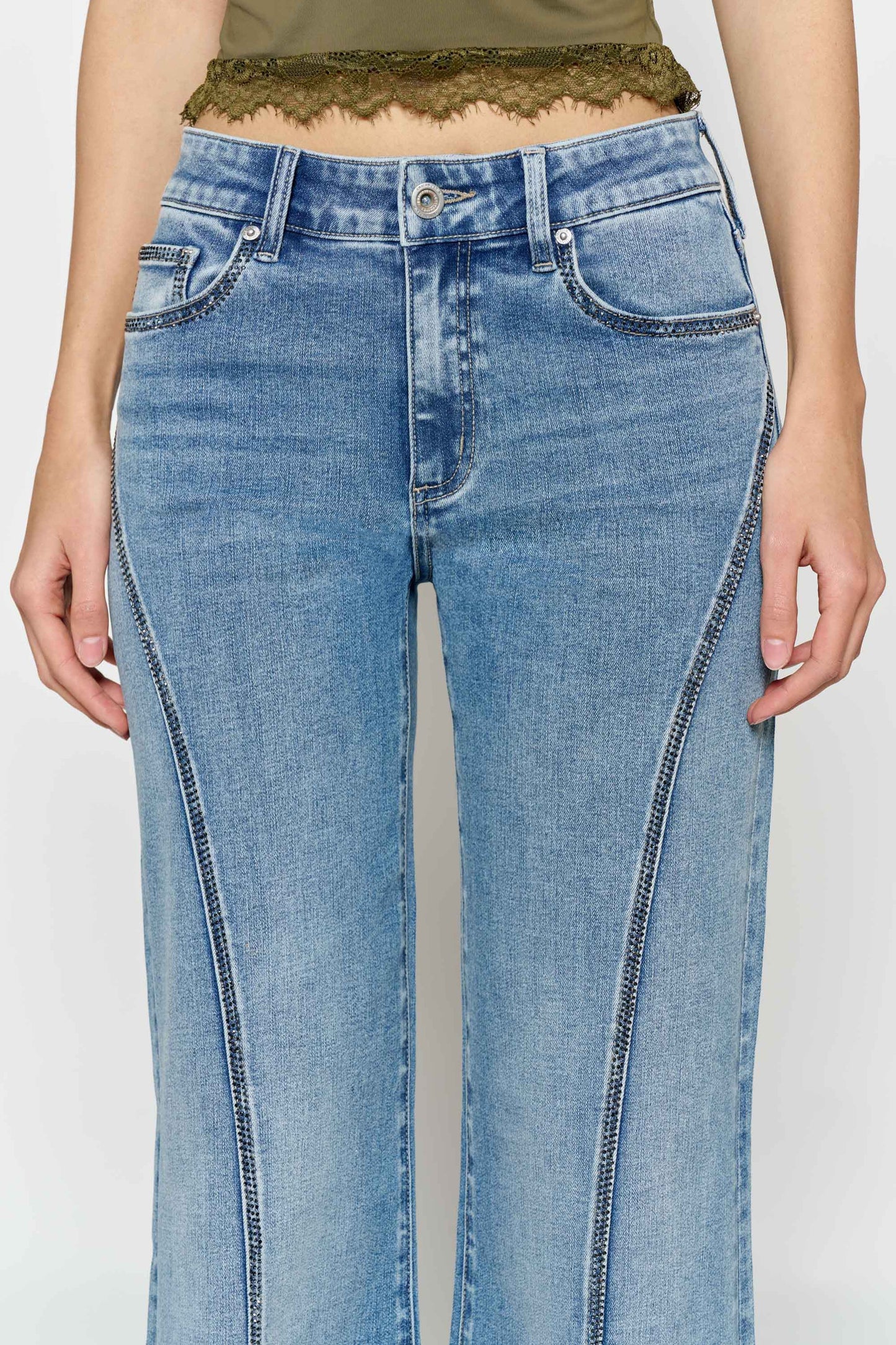 High Rise Wide Leg Jeans with Curved Seam and Rhinestone Details-1