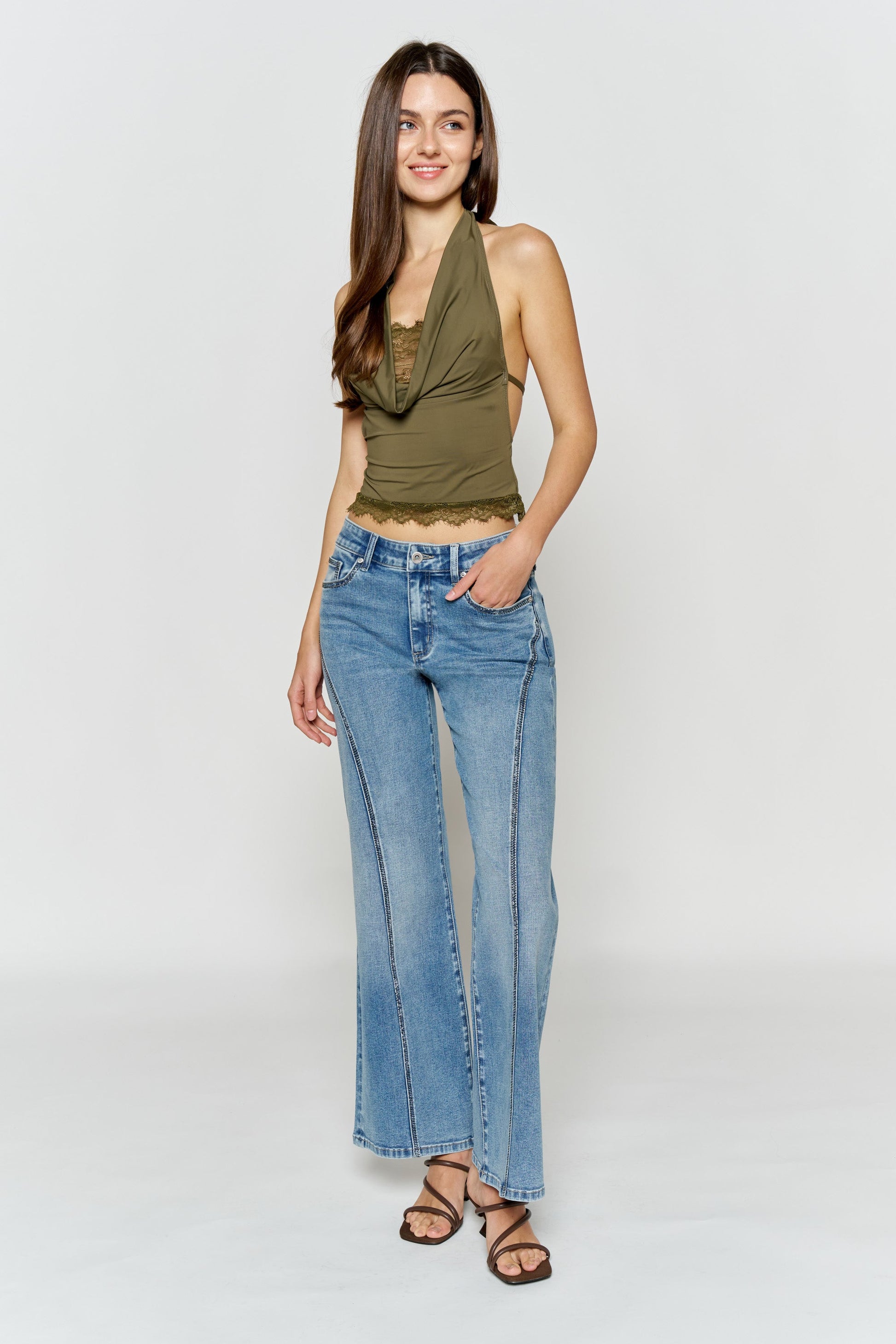 High Rise Wide Leg Jeans with Curved Seam and Rhinestone Details-2