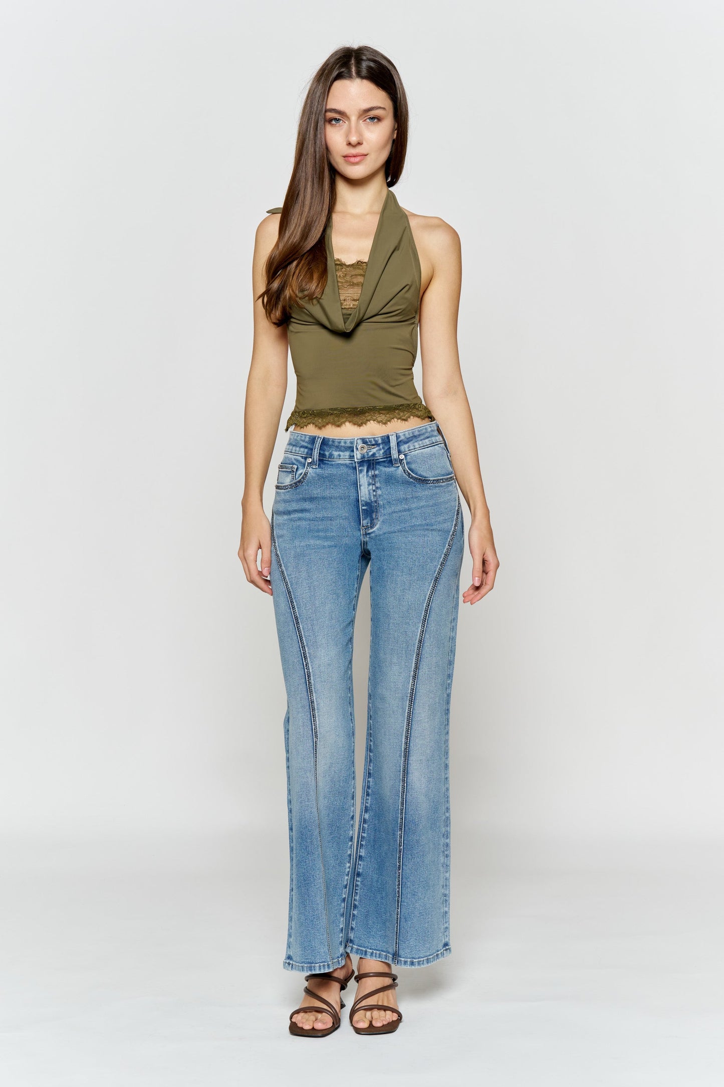 High Rise Wide Leg Jeans with Curved Seam and Rhinestone Details-4