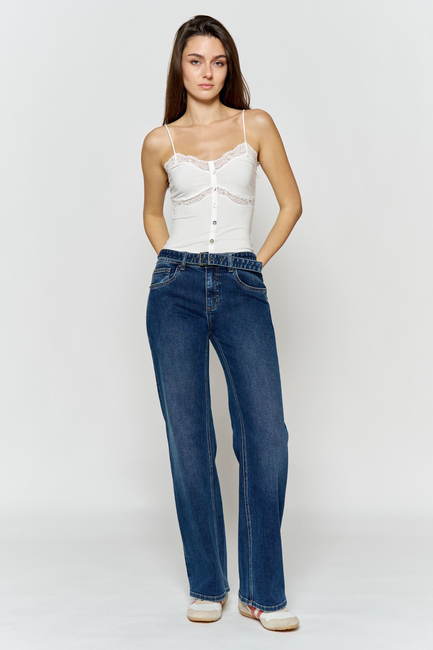 High Rise Belted Wide Leg Jeans with Buckle Closure-1