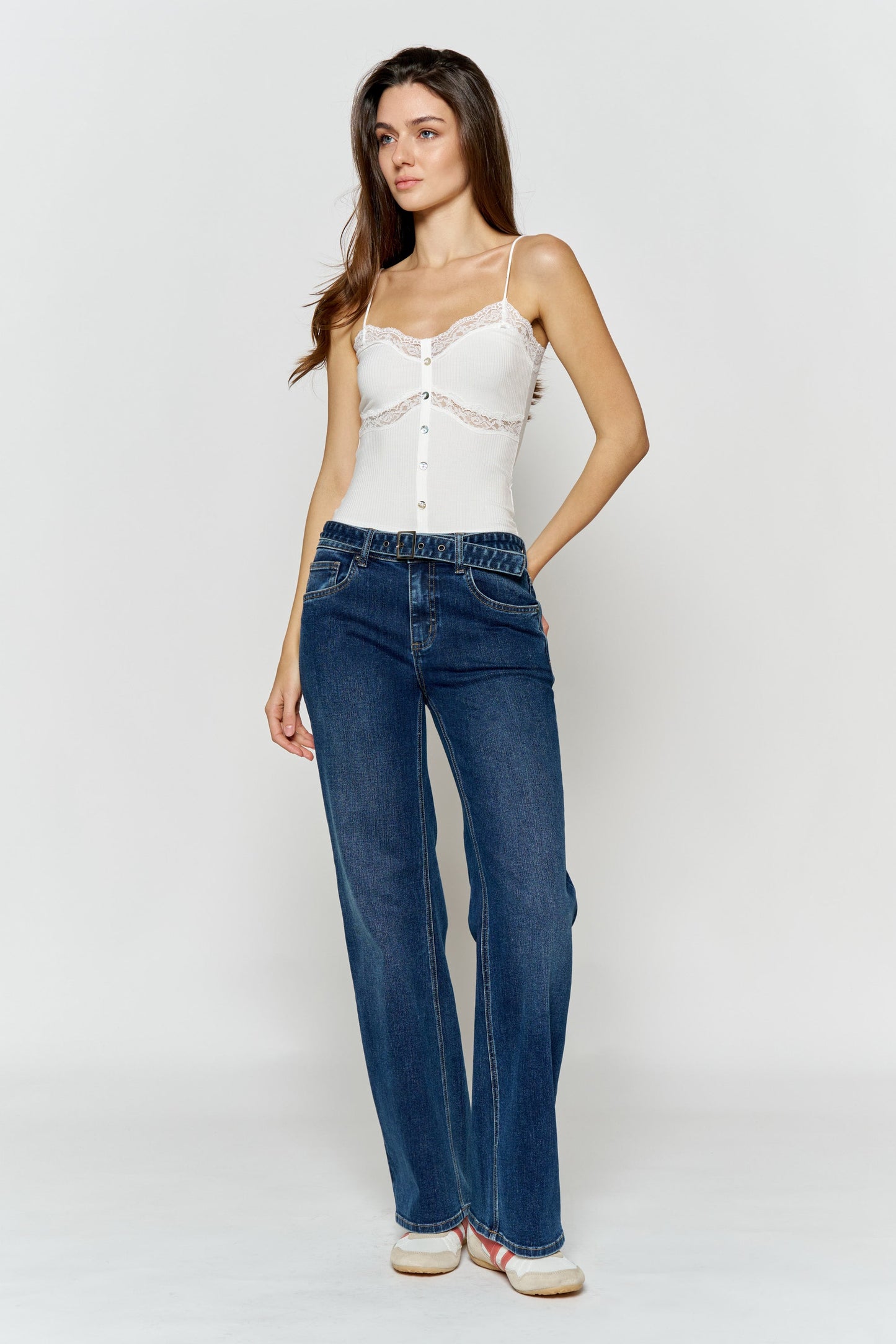 High Rise Belted Wide Leg Jeans with Buckle Closure-2
