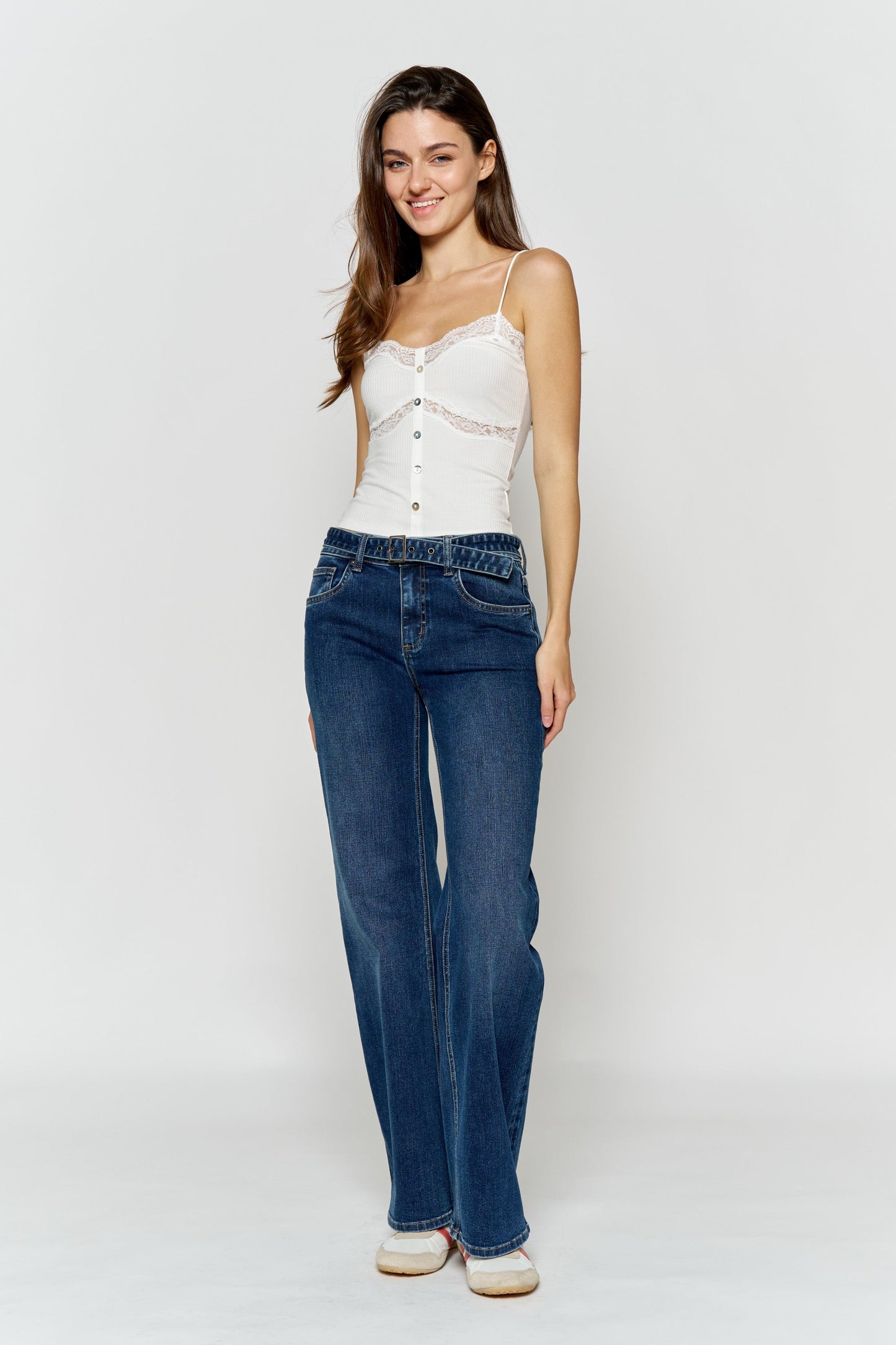 High Rise Belted Wide Leg Jeans with Buckle Closure-3