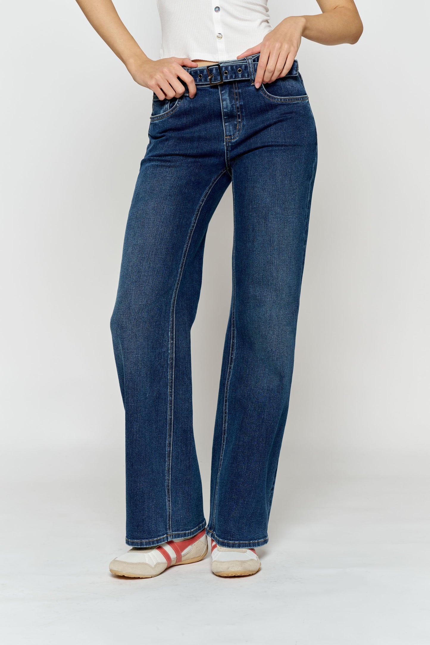 High Rise Belted Wide Leg Jeans with Buckle Closure-4
