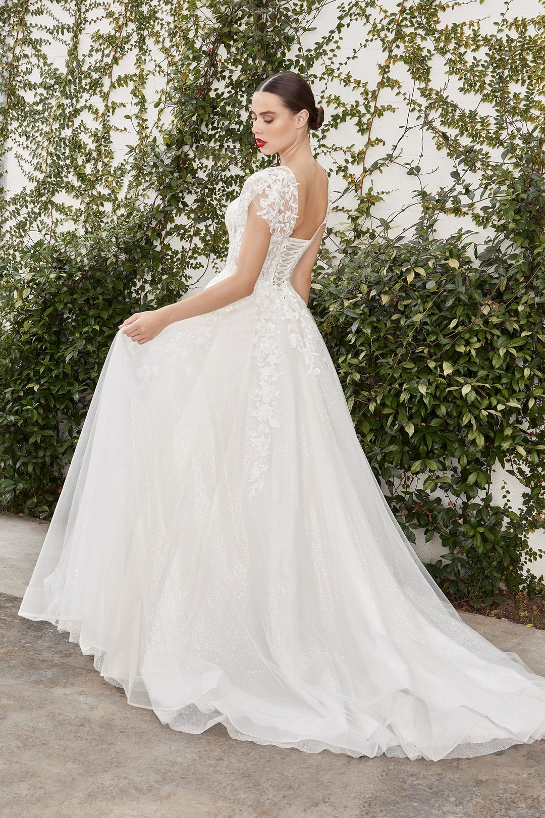 Sofian Vintage Short Sleeve Embroidered Bodice Floral Deep V-neck Wedding Dress CDA1082W