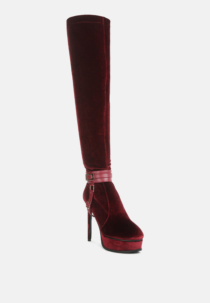 Bison High Heeled Long Velvet Boots-1