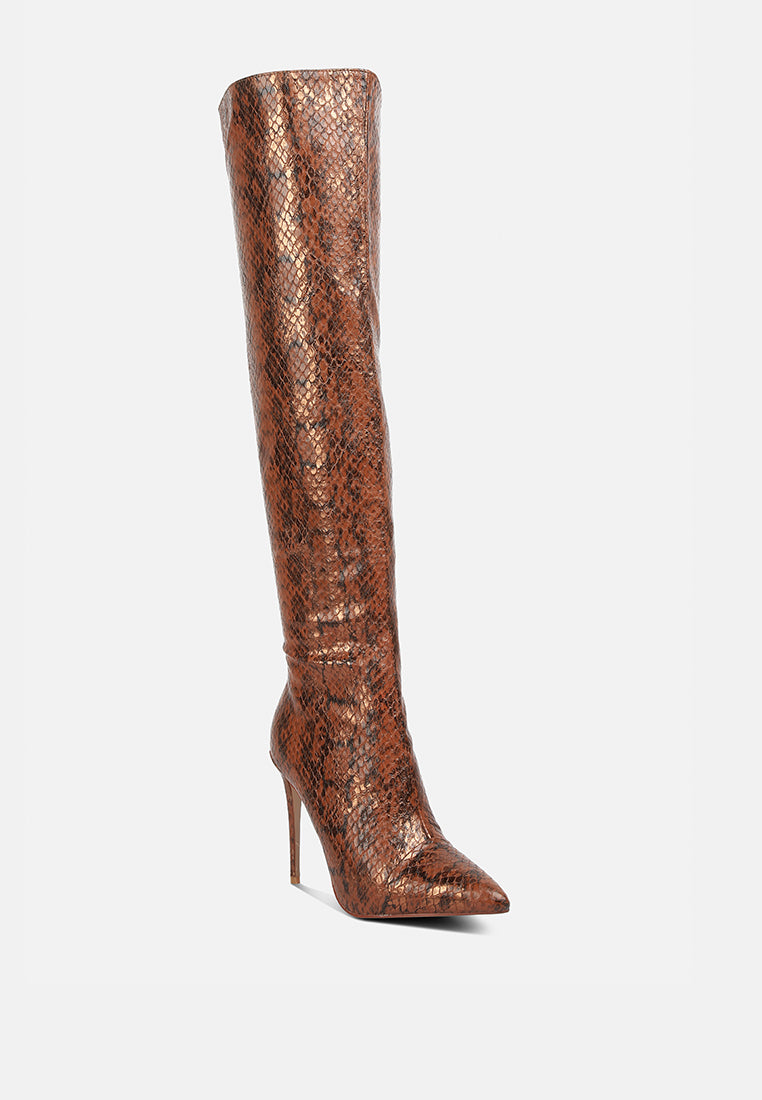 Catalina Snake Print Stiletto Knee Boots-1