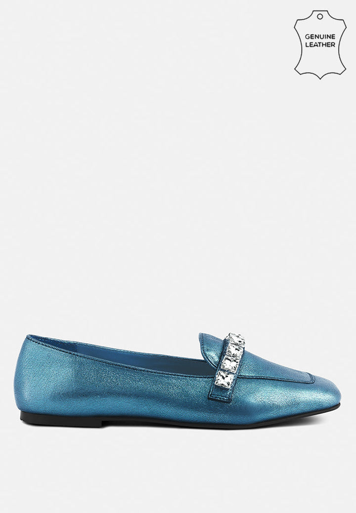Churros Green Metallic Diamante Leather Loafers-5