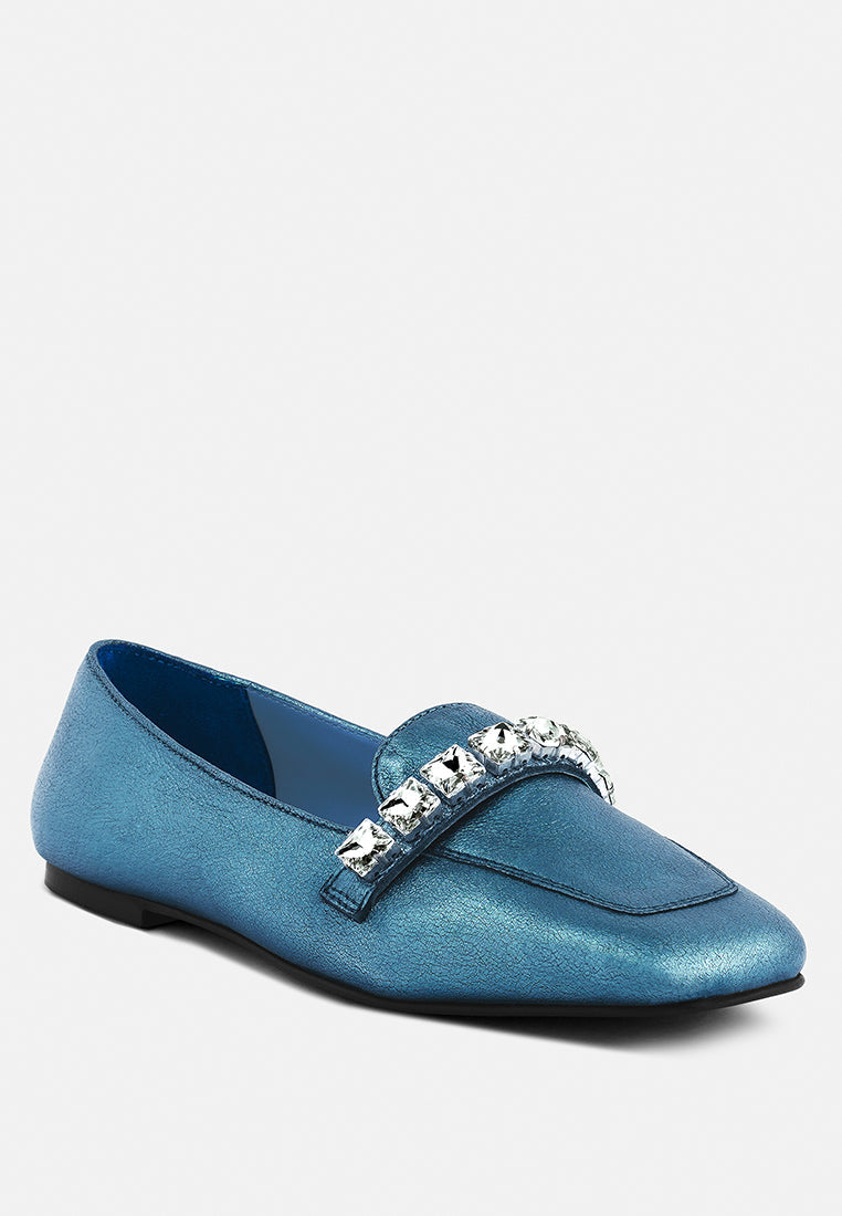 Churros Green Metallic Diamante Leather Loafers-1