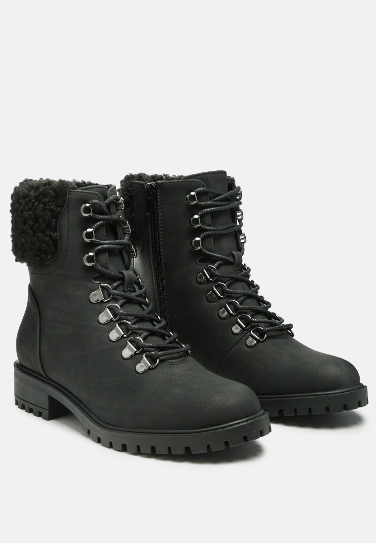 Dolon Lace Up Fur Collar Ankle Boots-1