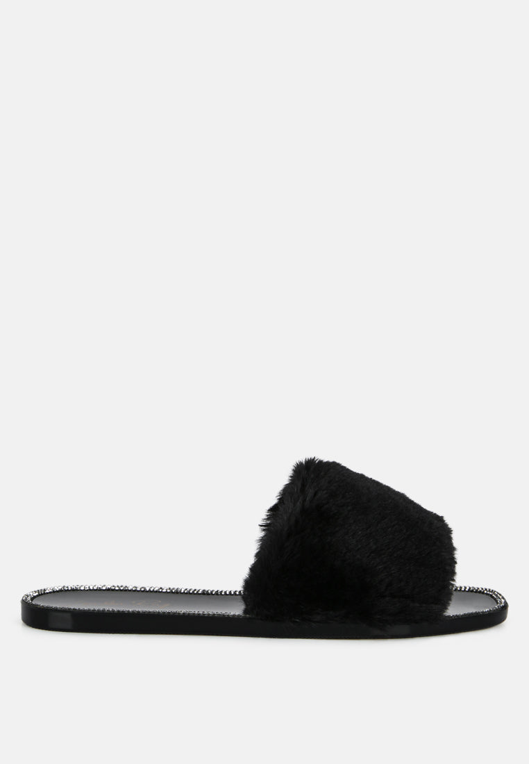 Geese Faux Fur Diamante Detail Jelly Flats-6