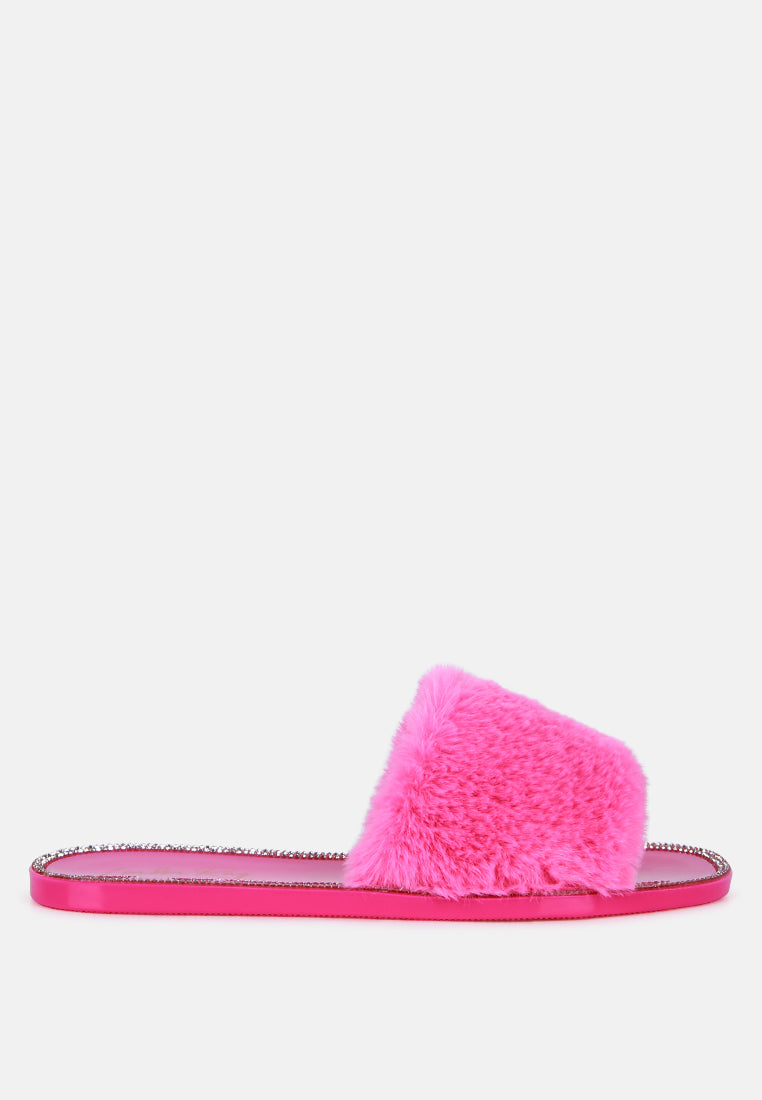 Geese Faux Fur Diamante Detail Jelly Flats-0