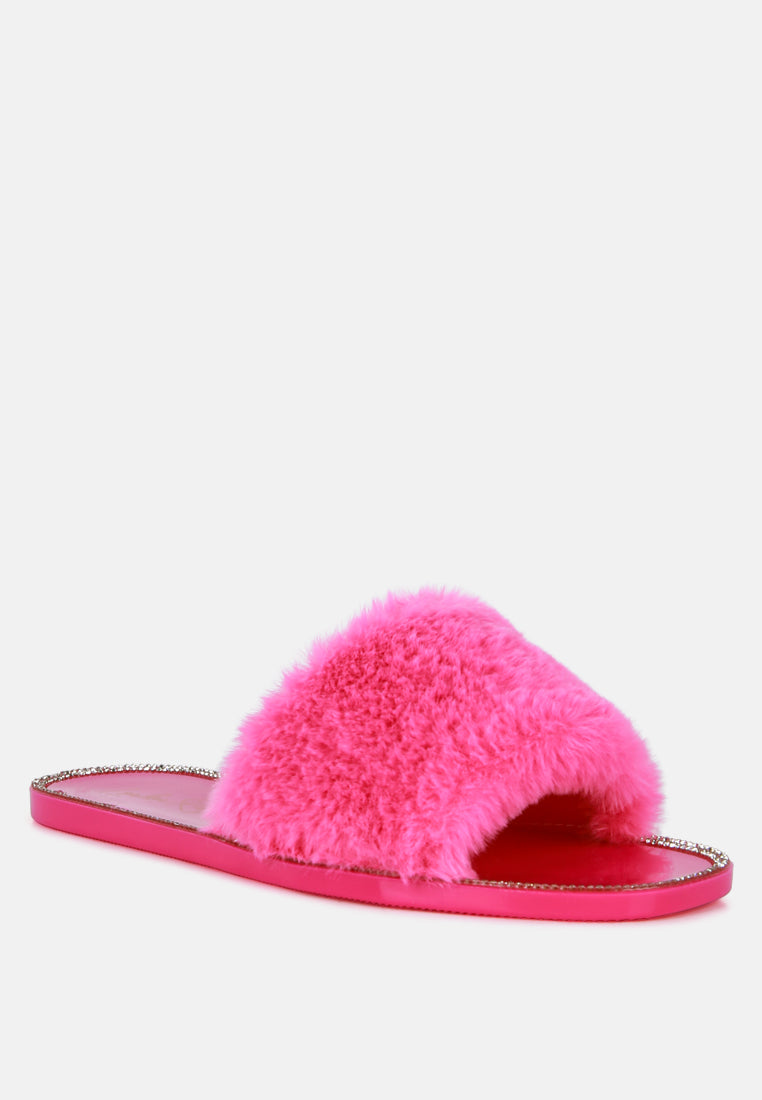 Geese Faux Fur Diamante Detail Jelly Flats-1